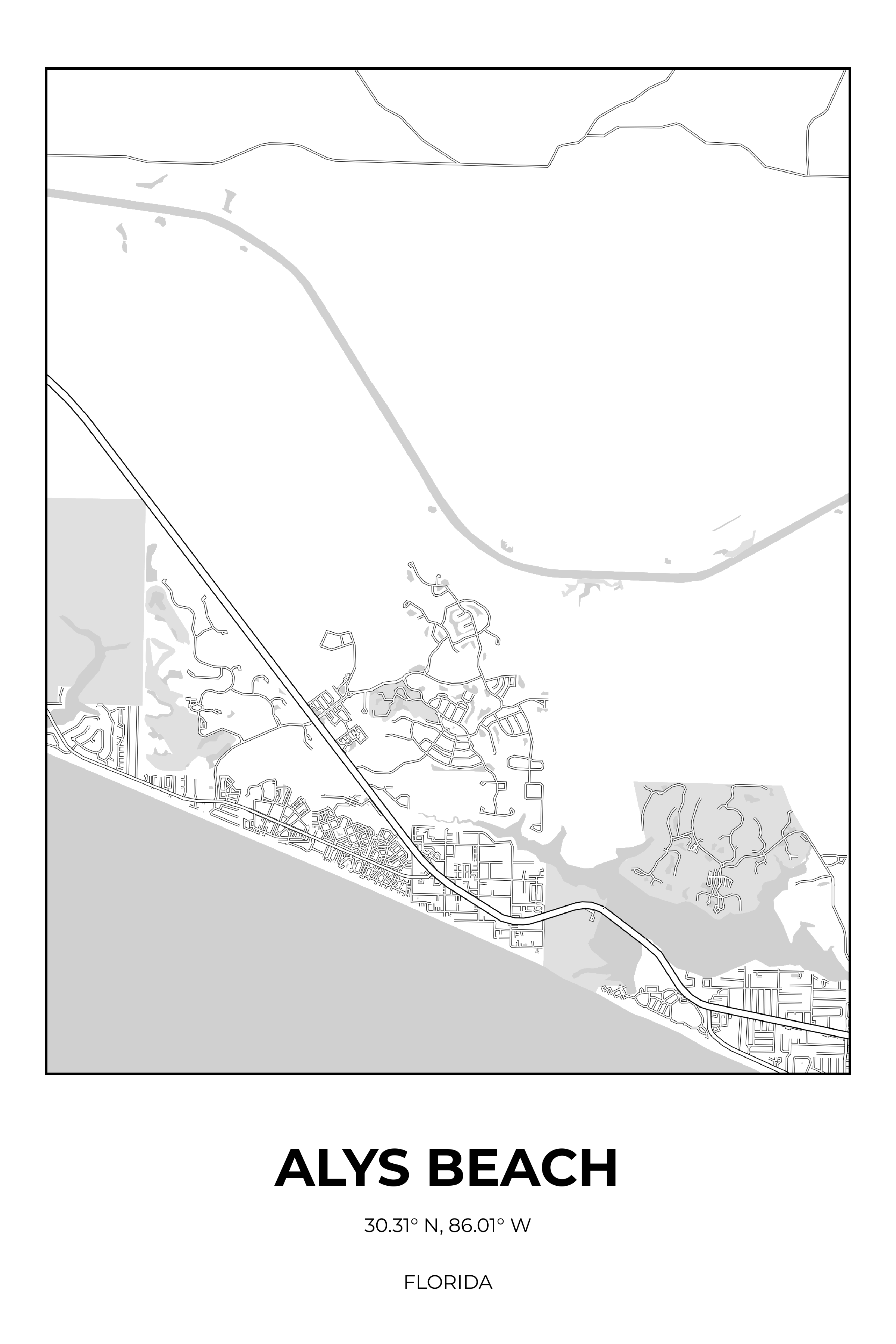 Alys Beach Florida Monochrome Rectangle Map