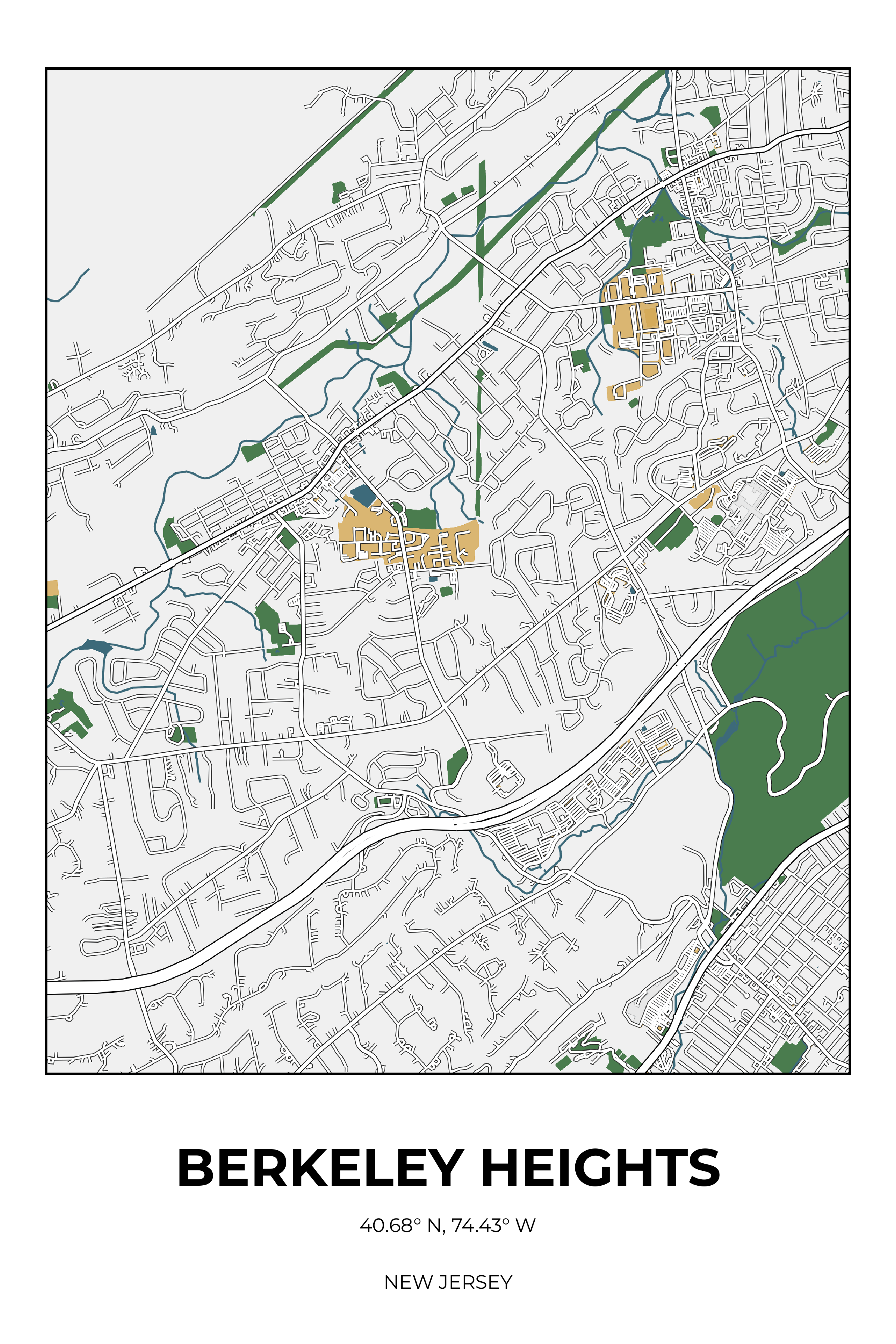 Berkeley Heights, New Jersey Detailed street map poster