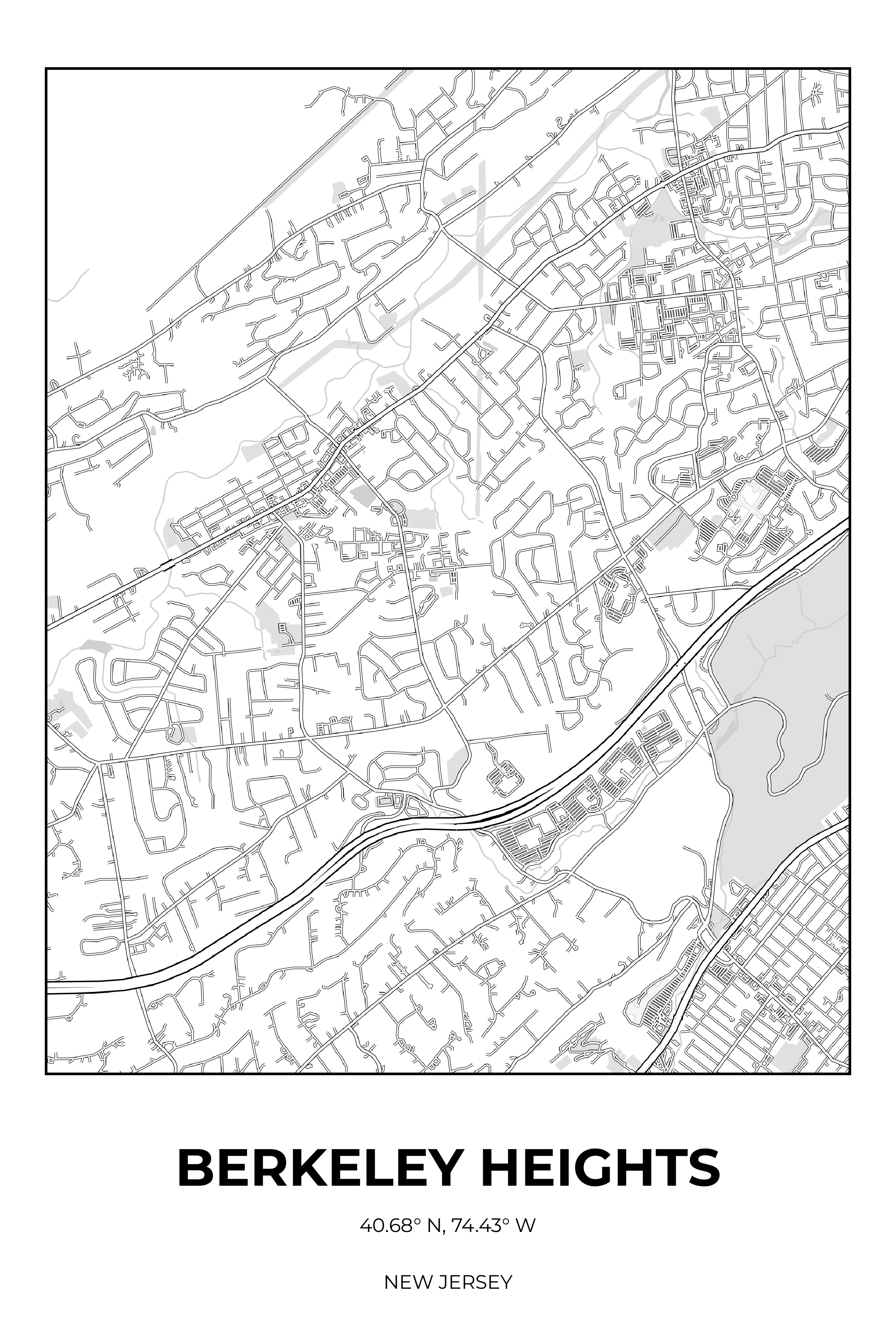 Berkeley Heights, New Jersey Monochrome street map poster