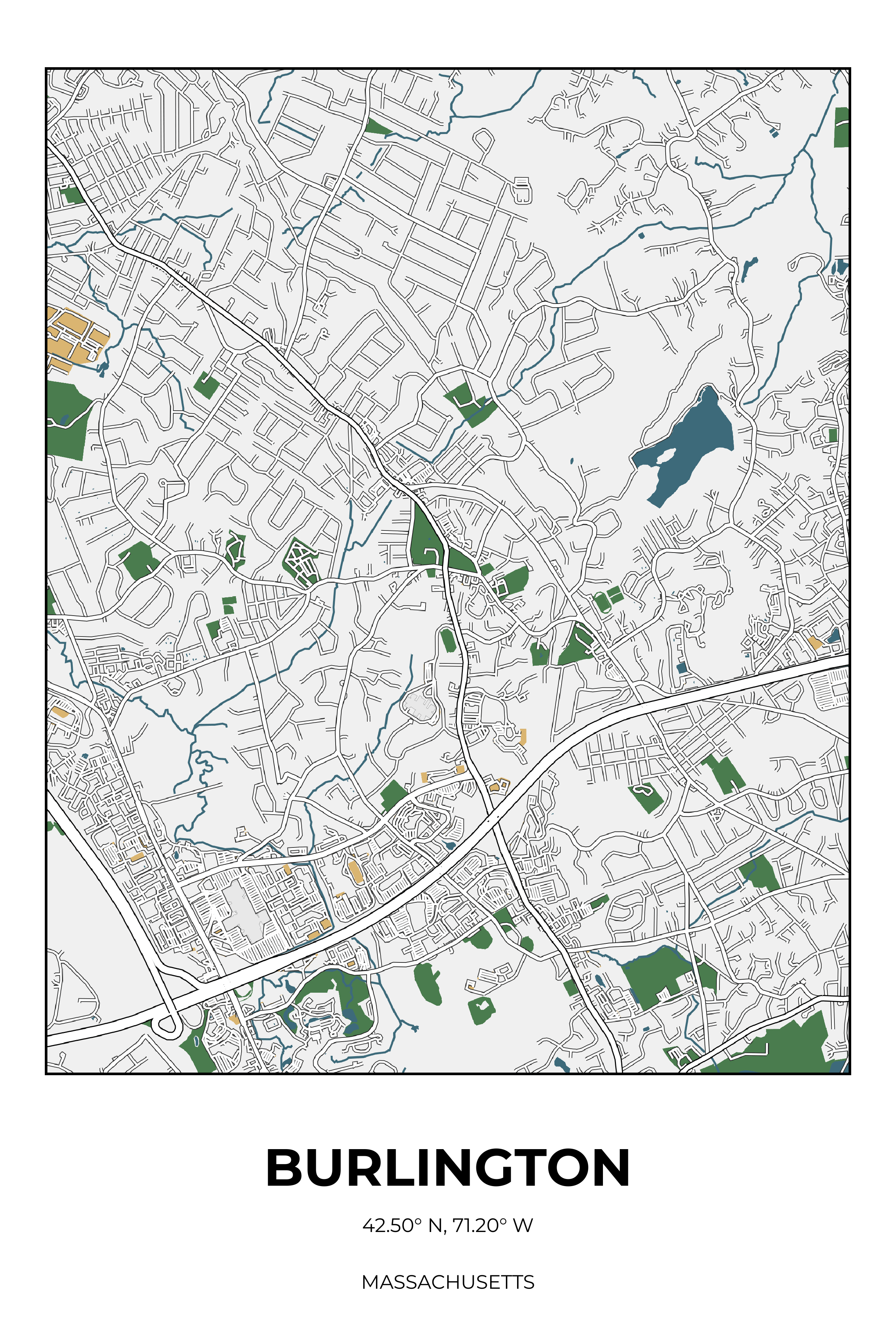 Burlington, Massachusetts Detailed street map poster