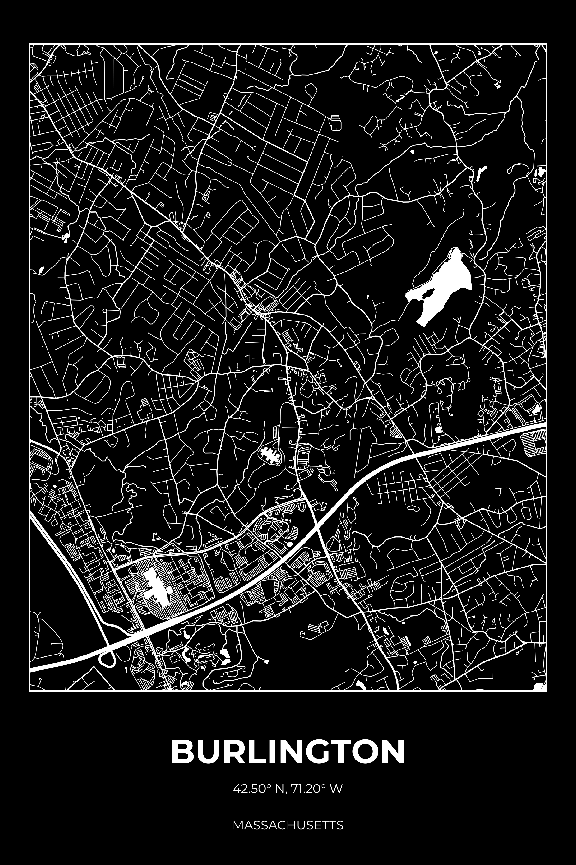 Burlington, Massachusetts Inverse street map poster