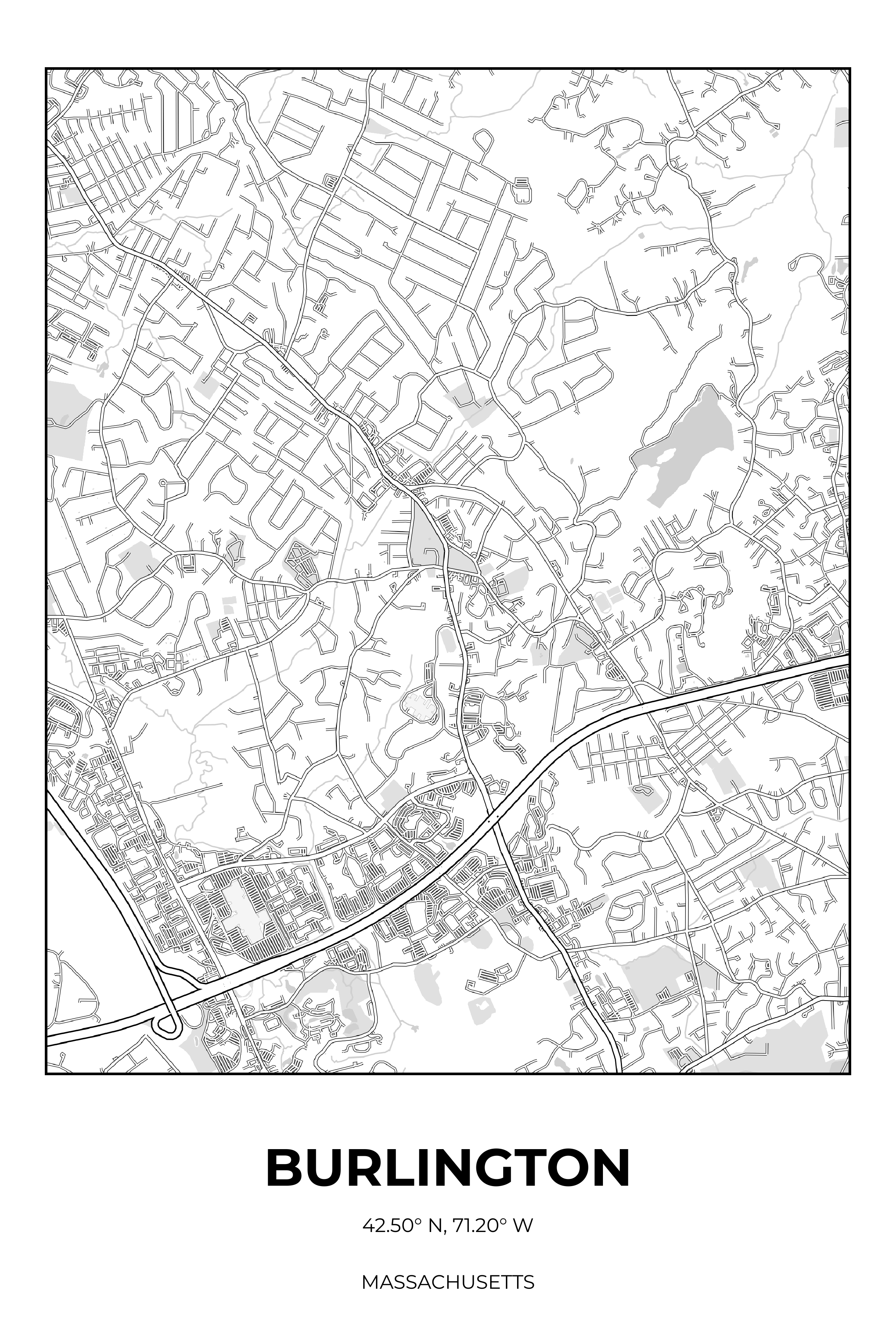 Burlington, Massachusetts Monochrome street map poster
