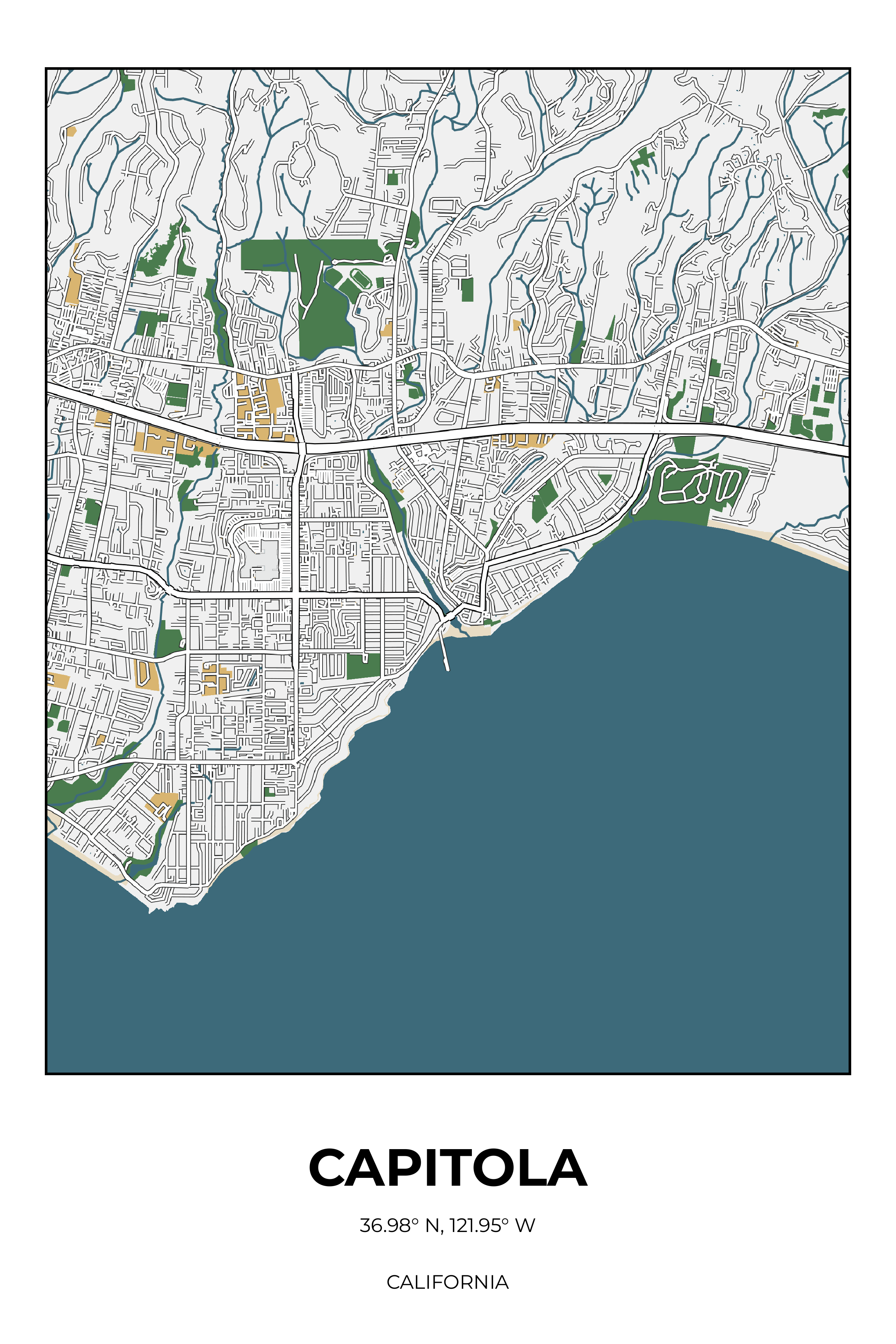 Capitola, California Detailed street map poster