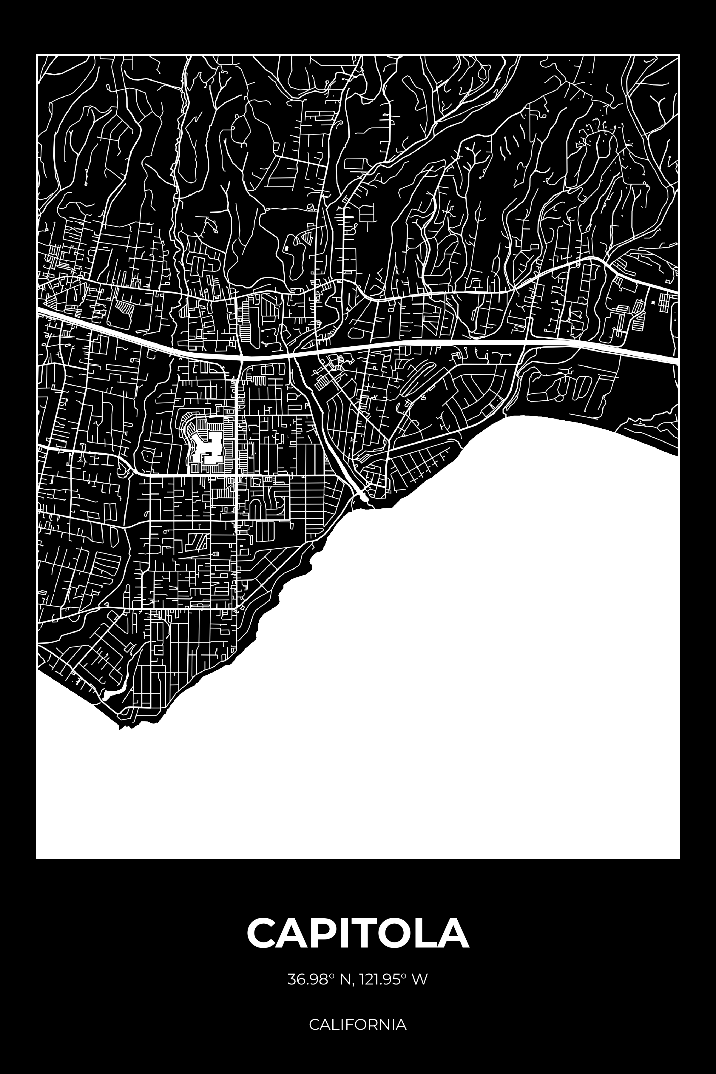 Capitola, California Inverse street map poster