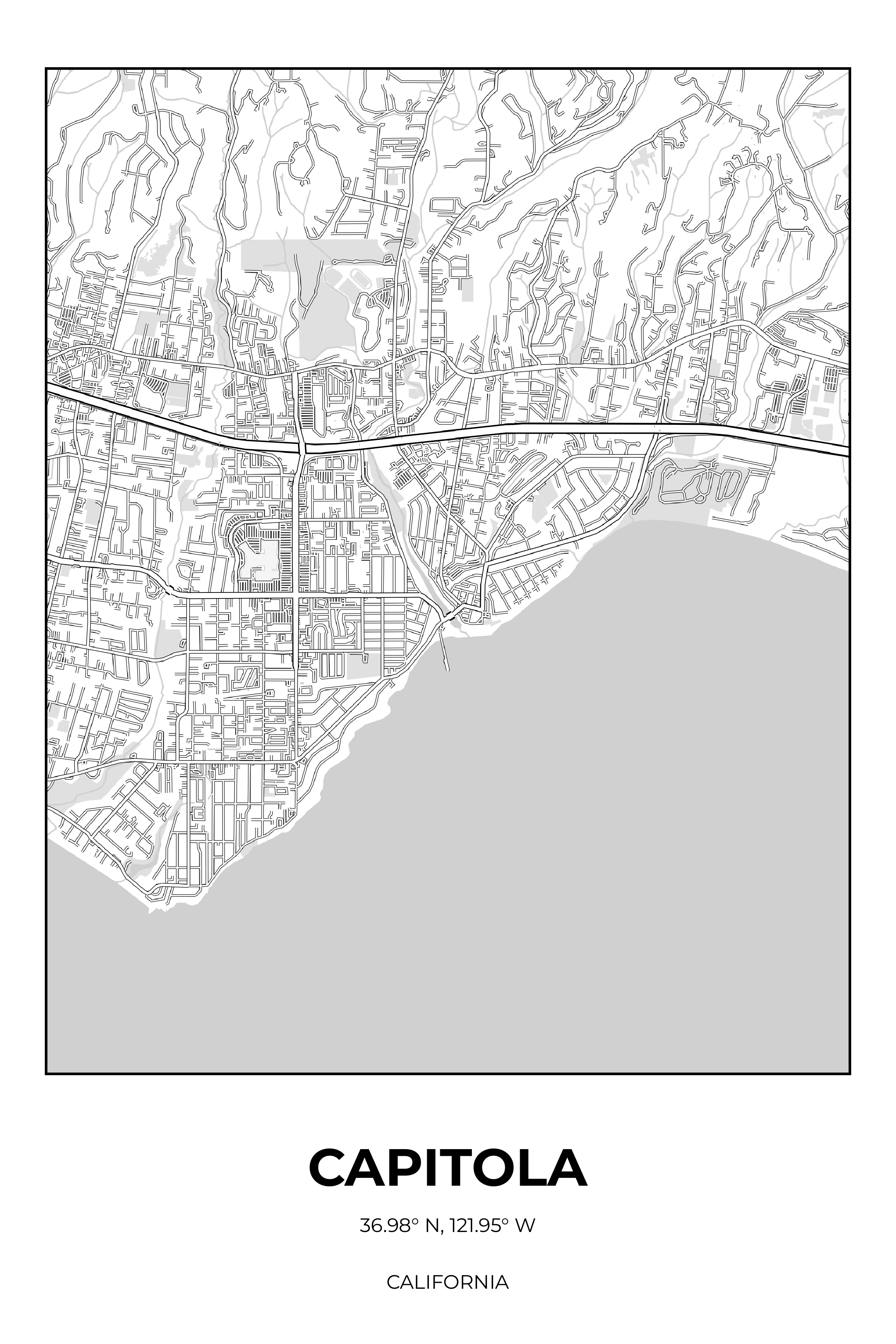 Capitola, California Monochrome street map poster