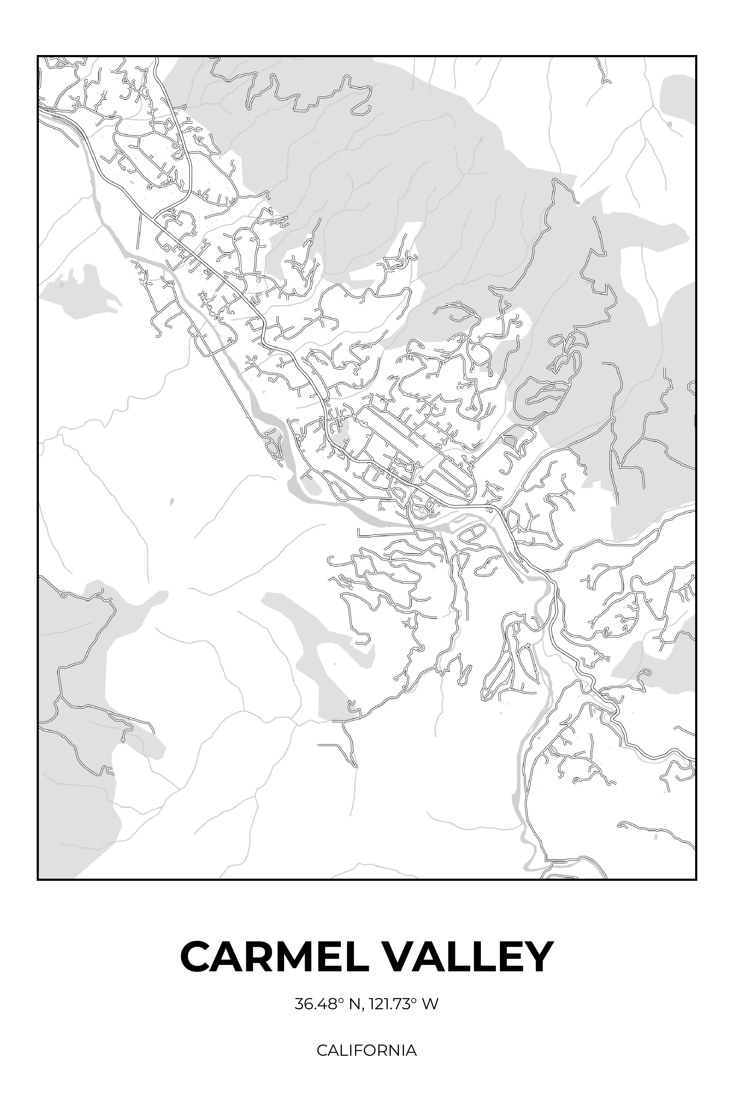 Carmel Valley, California Monochrome street map poster