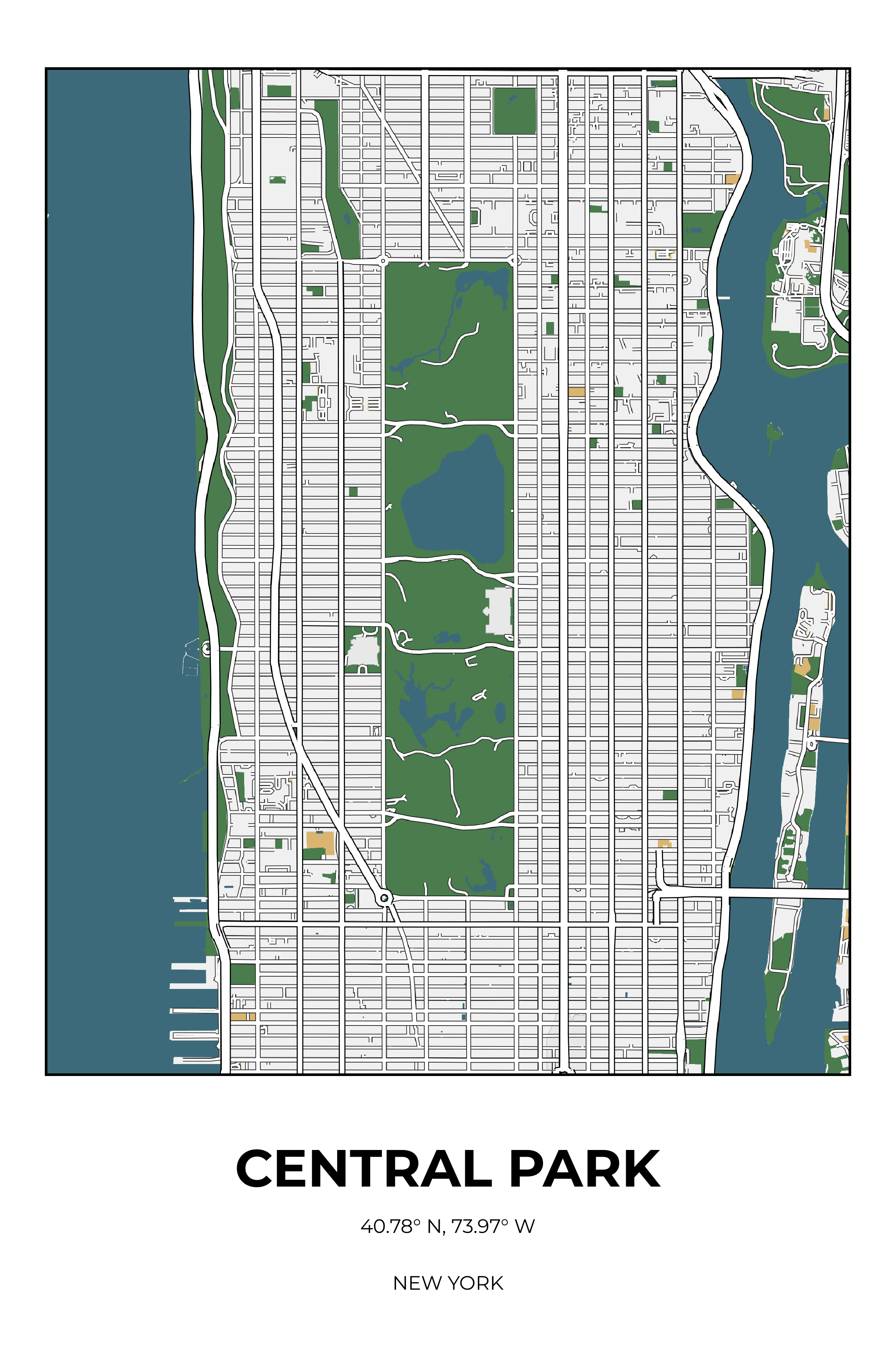 Central Park New York Detailed Rectangle Map