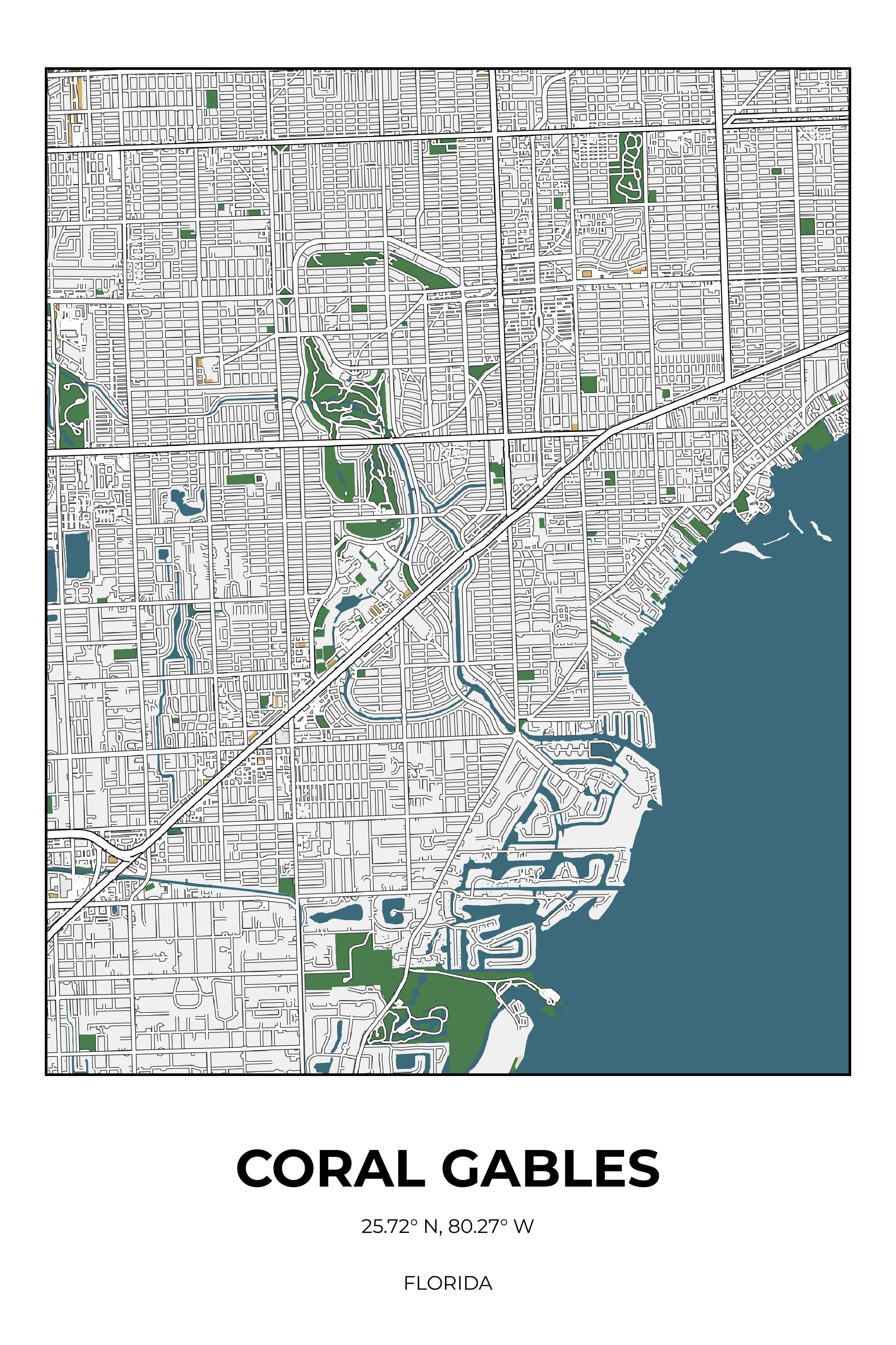 Coral Gables Florida Detailed Rectangle Map