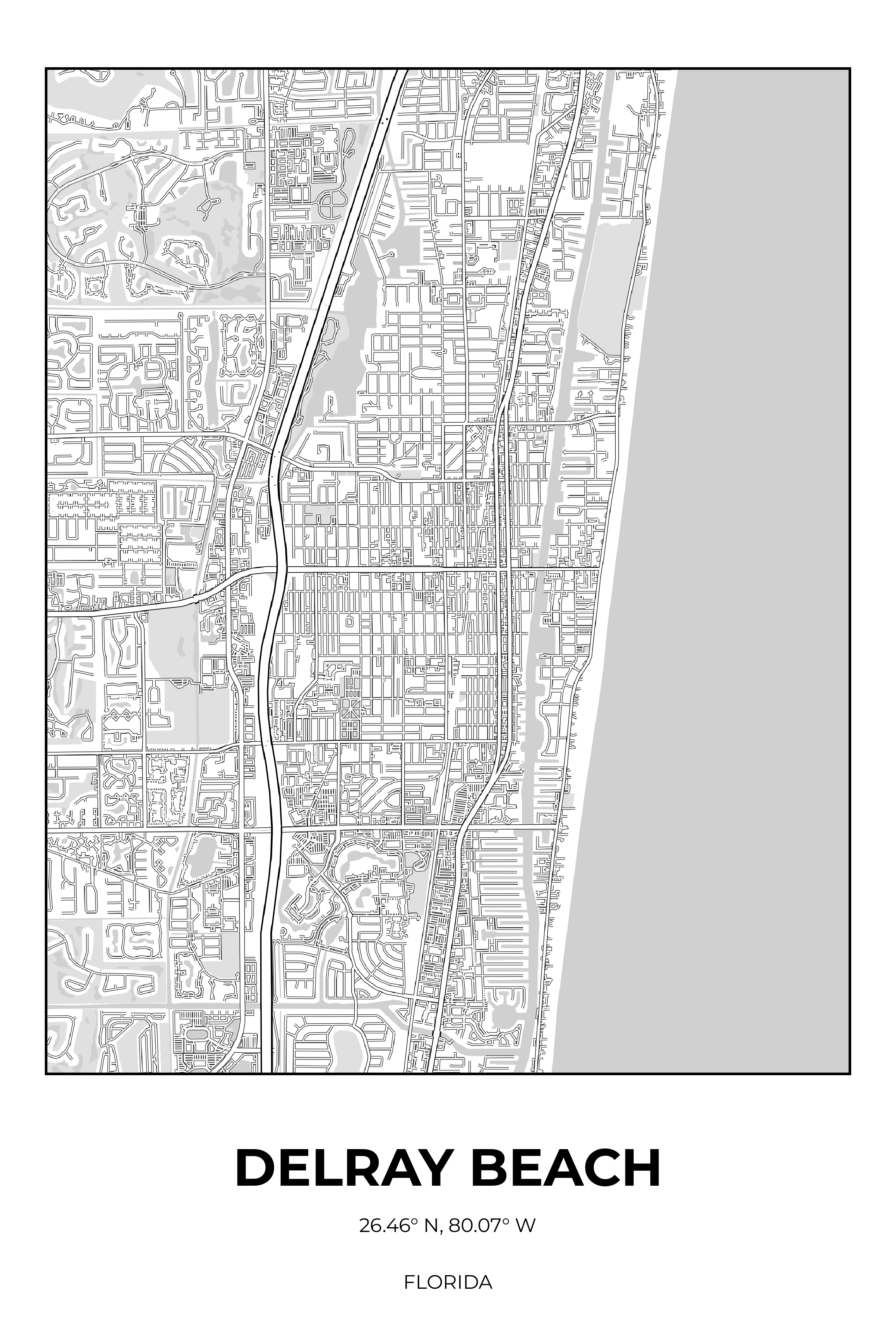 Delray Beach Florida Monochrome Rectangle Map