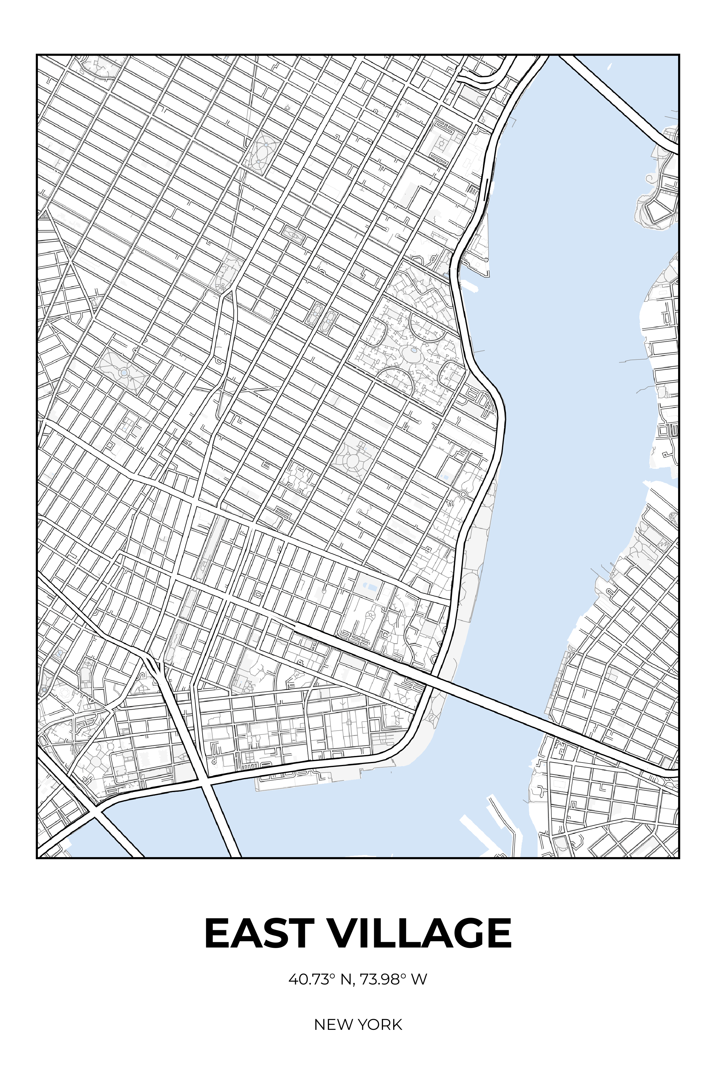 East Village New York Winter Rectangle Map