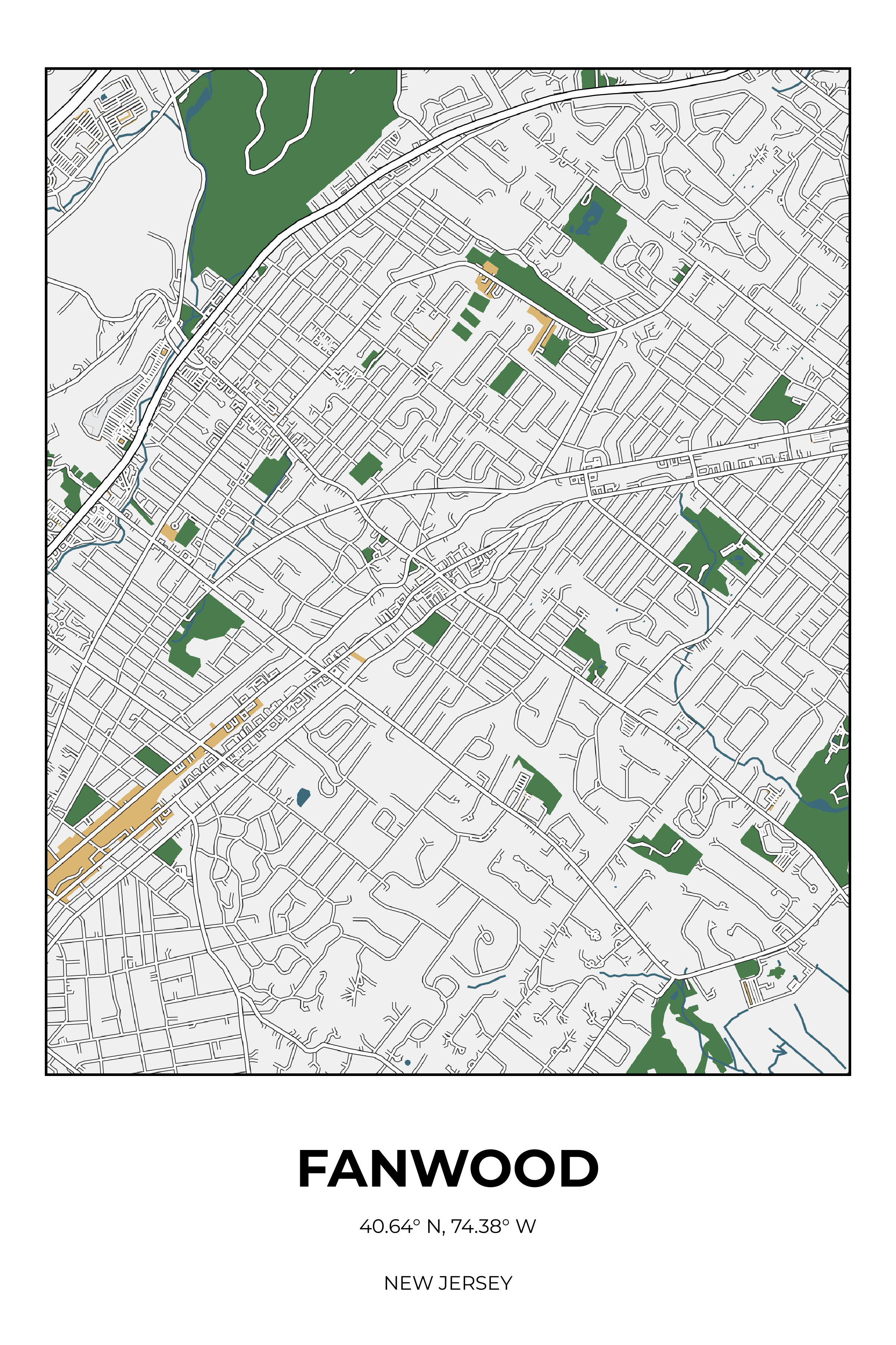 Fanwood, New Jersey Detailed street map poster