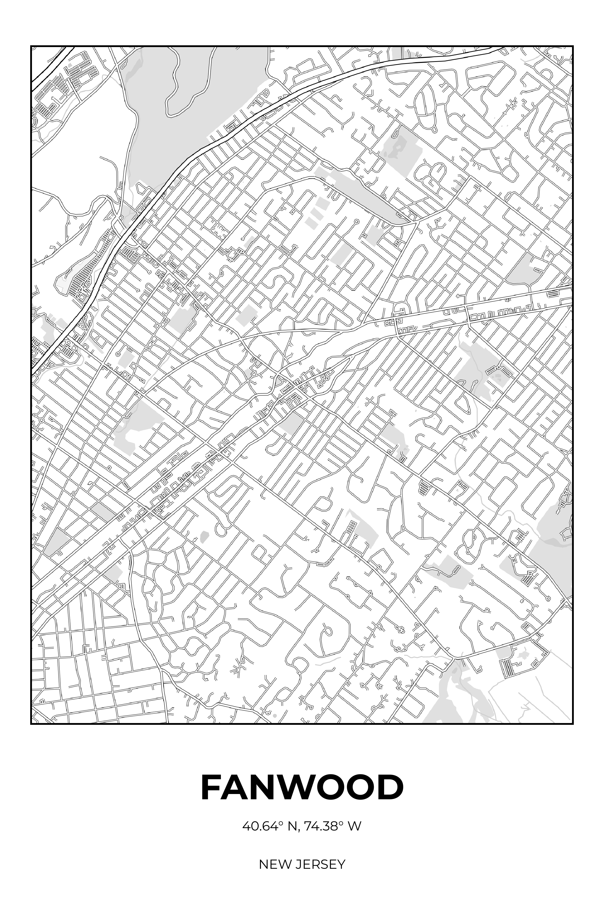 Fanwood, New Jersey Monochrome street map poster