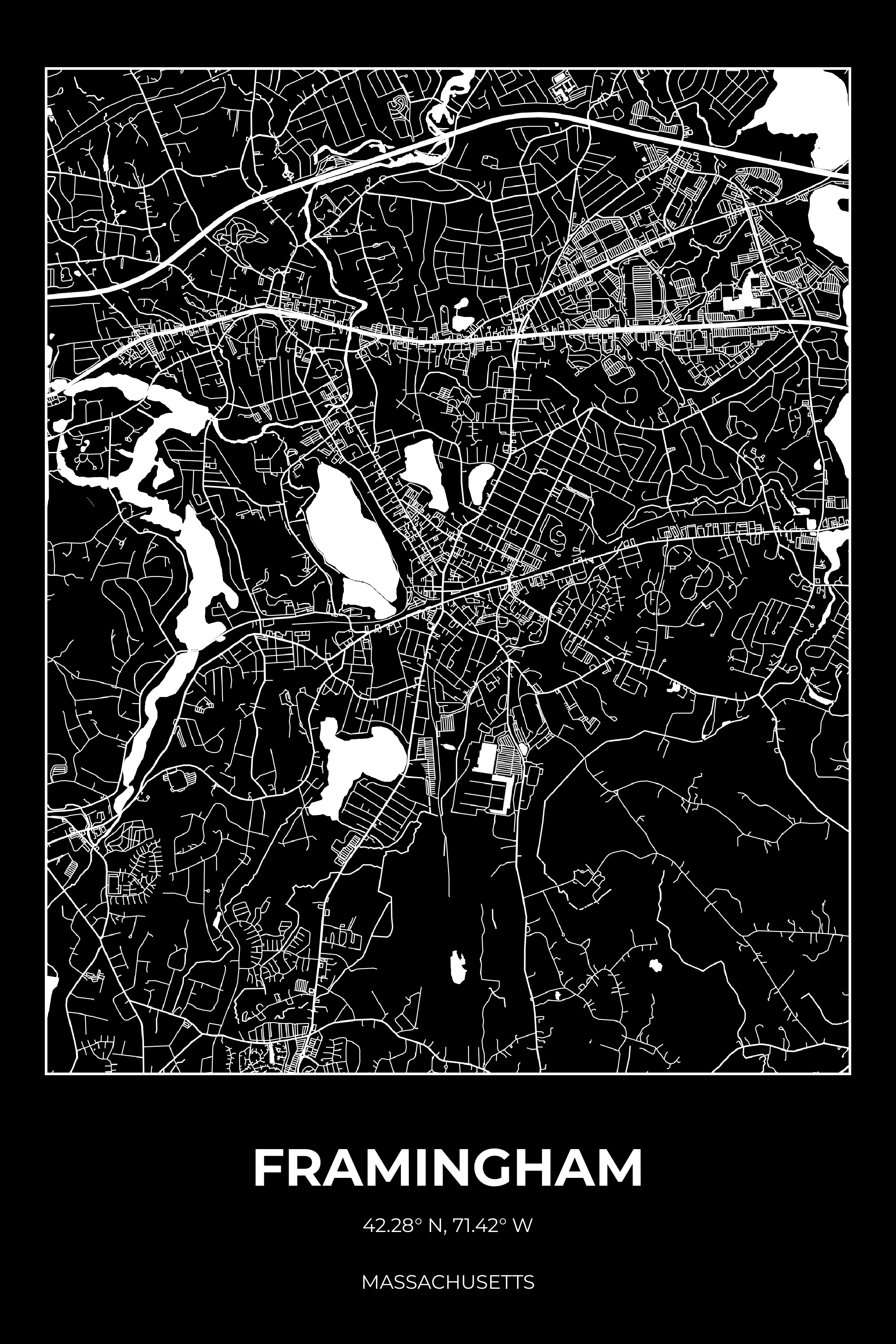 Framingham, Massachusetts Inverse street map poster