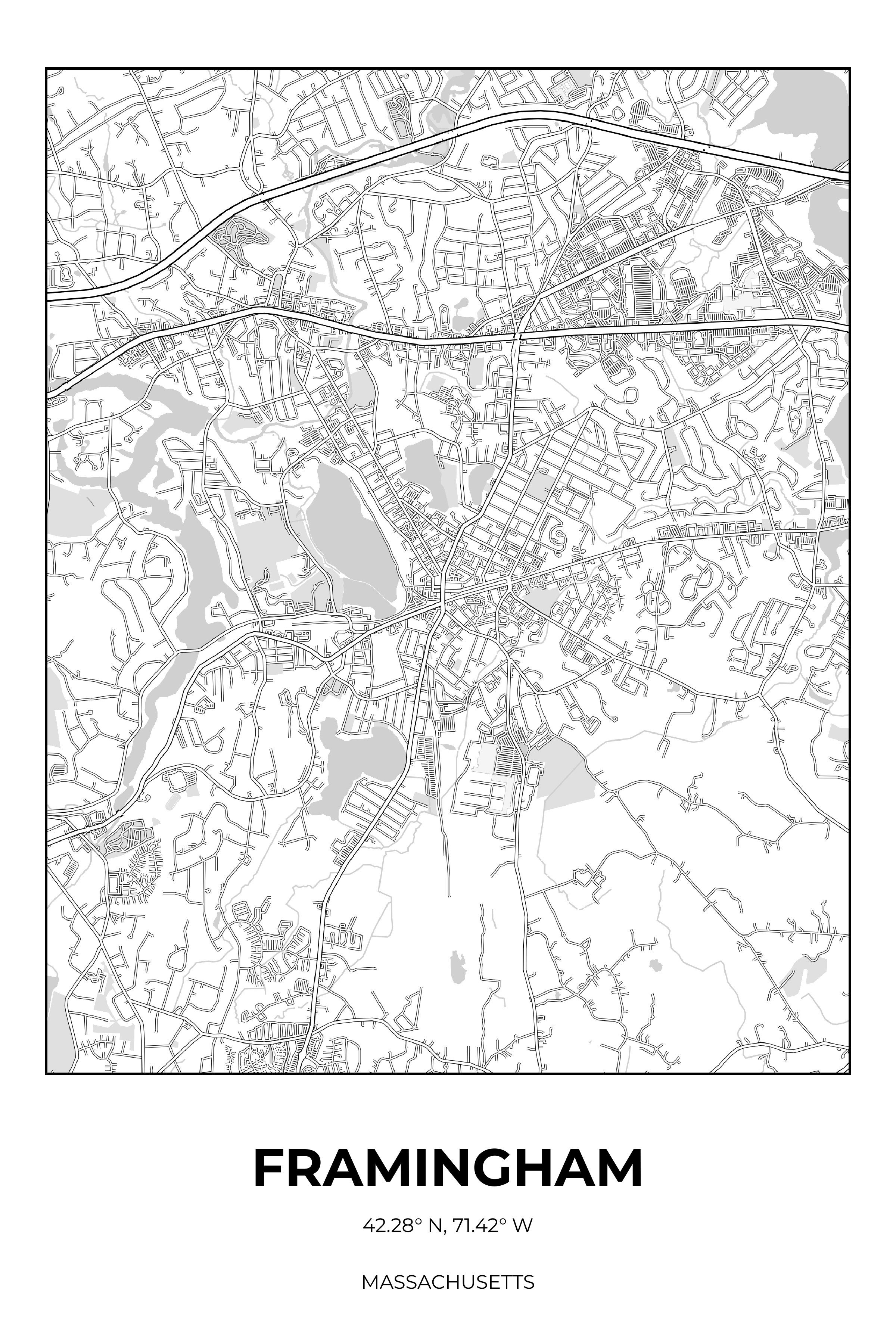 Framingham, Massachusetts Monochrome street map poster