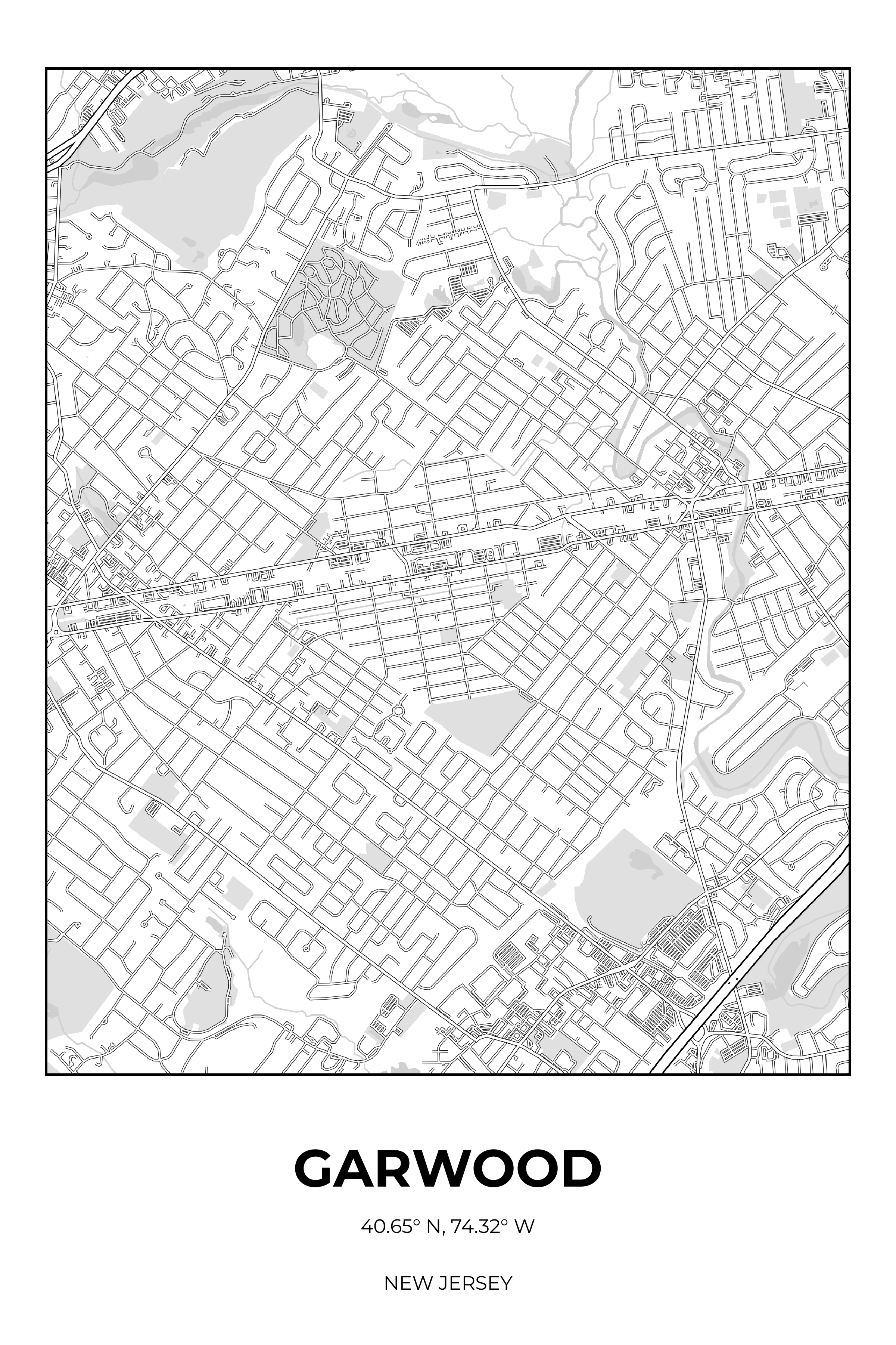Garwood, New Jersey Monochrome street map poster