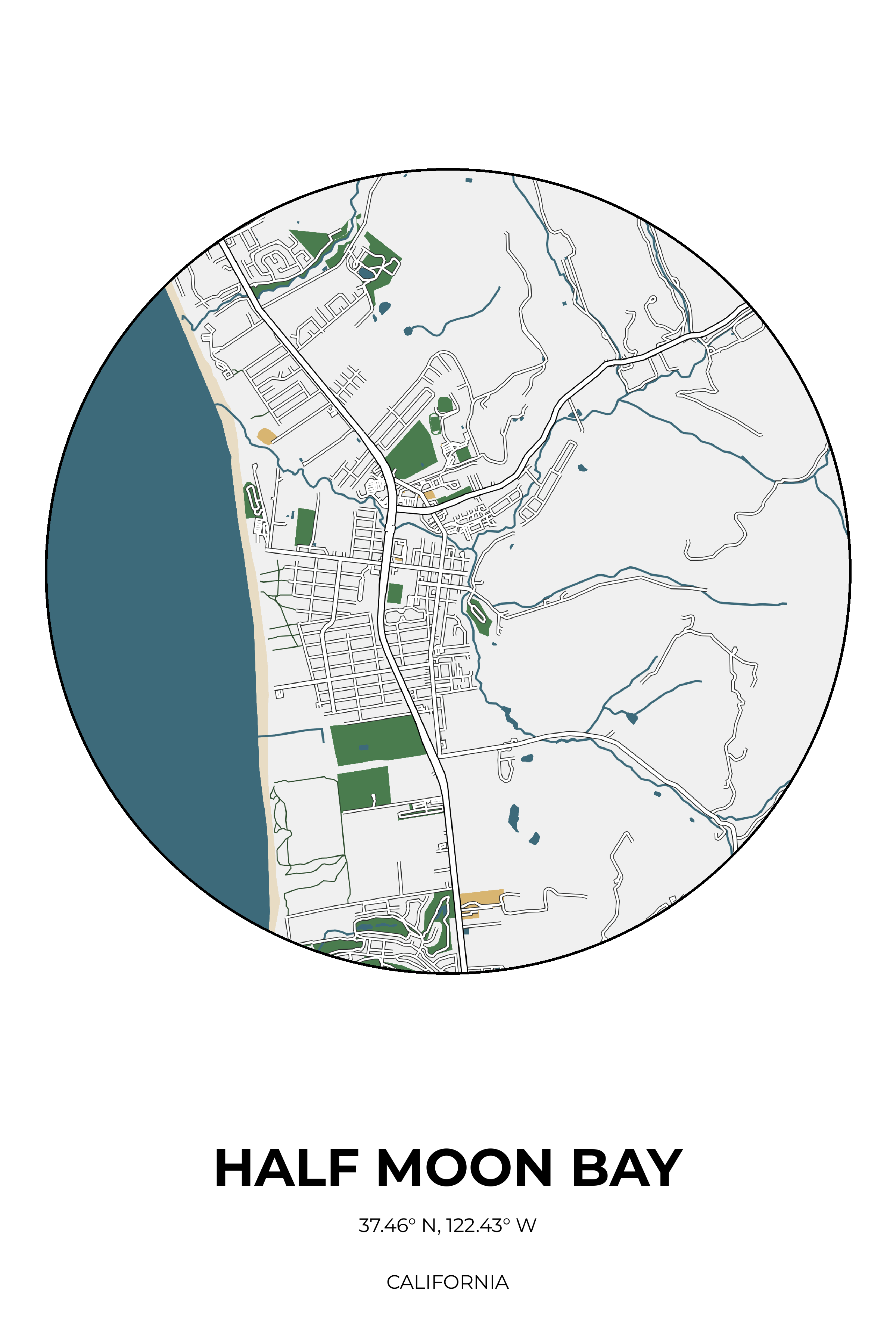 Half Moon Bay, California Detailed circle map