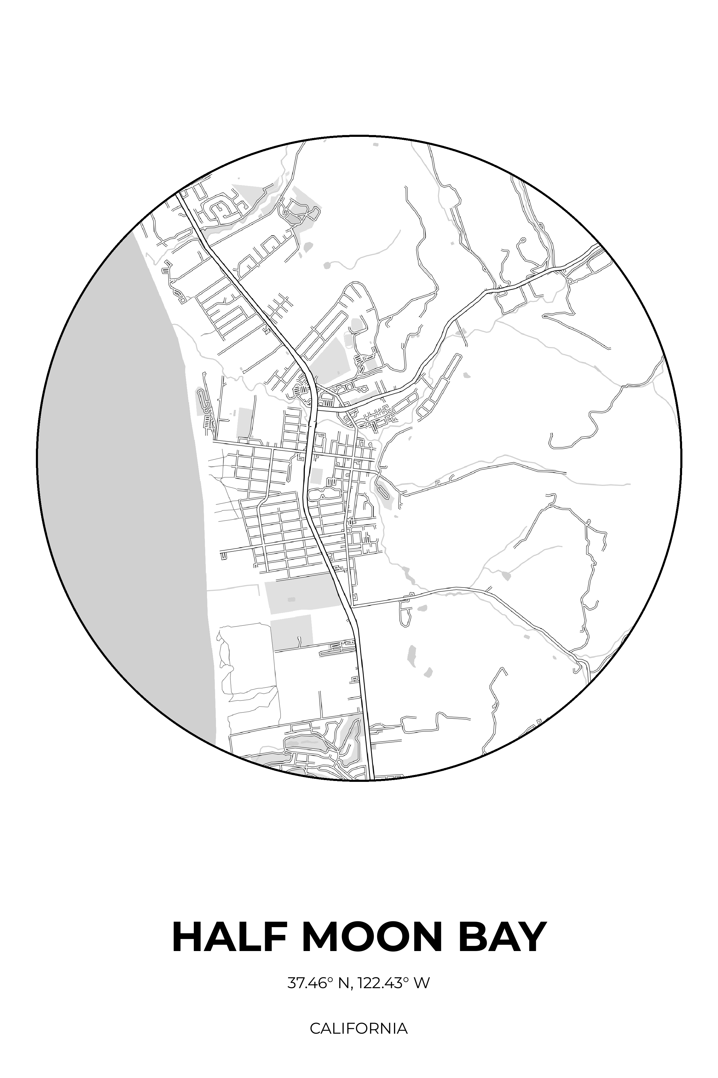 Half Moon Bay, California Monochrome circle map