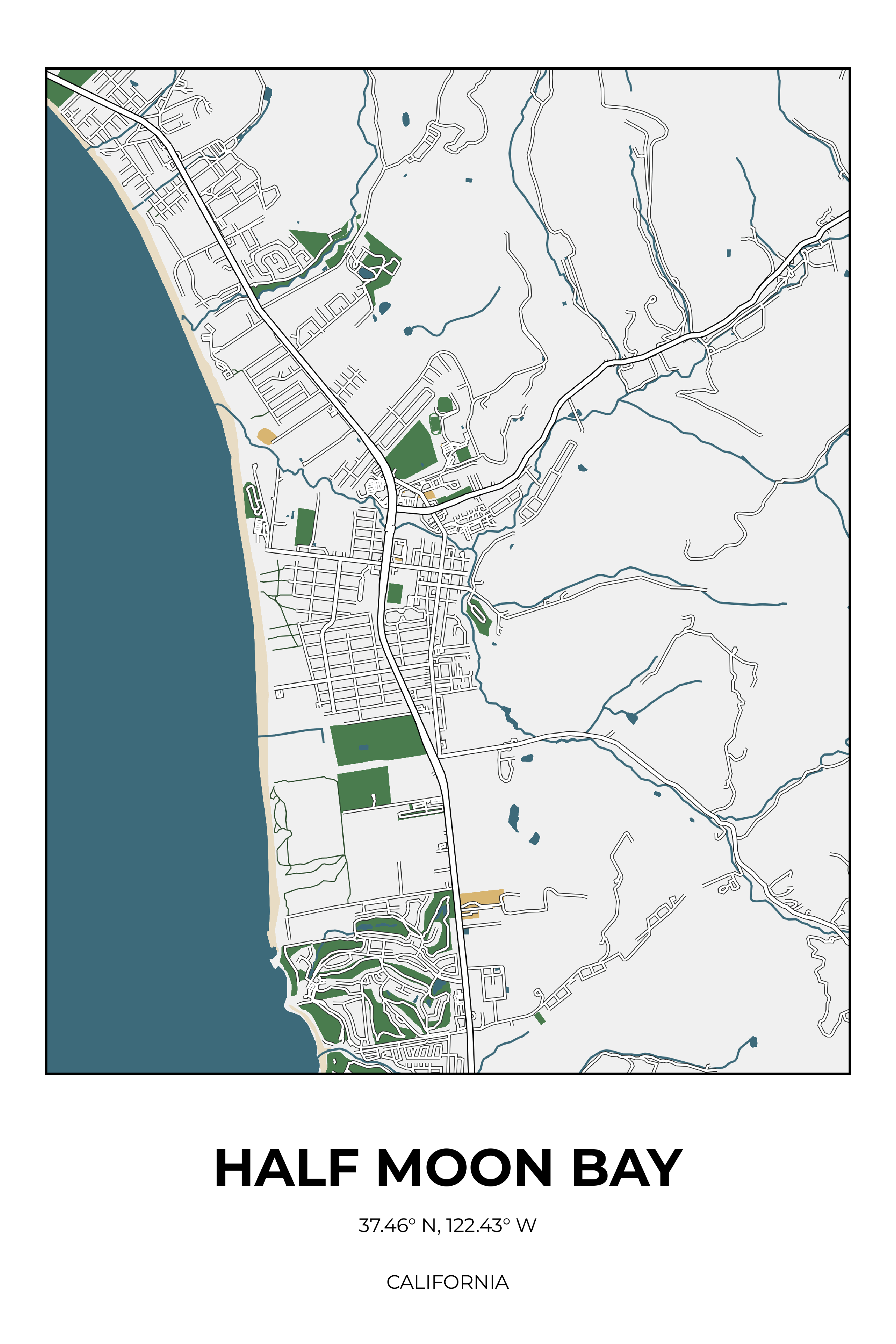 Half Moon Bay, California Detailed street map poster