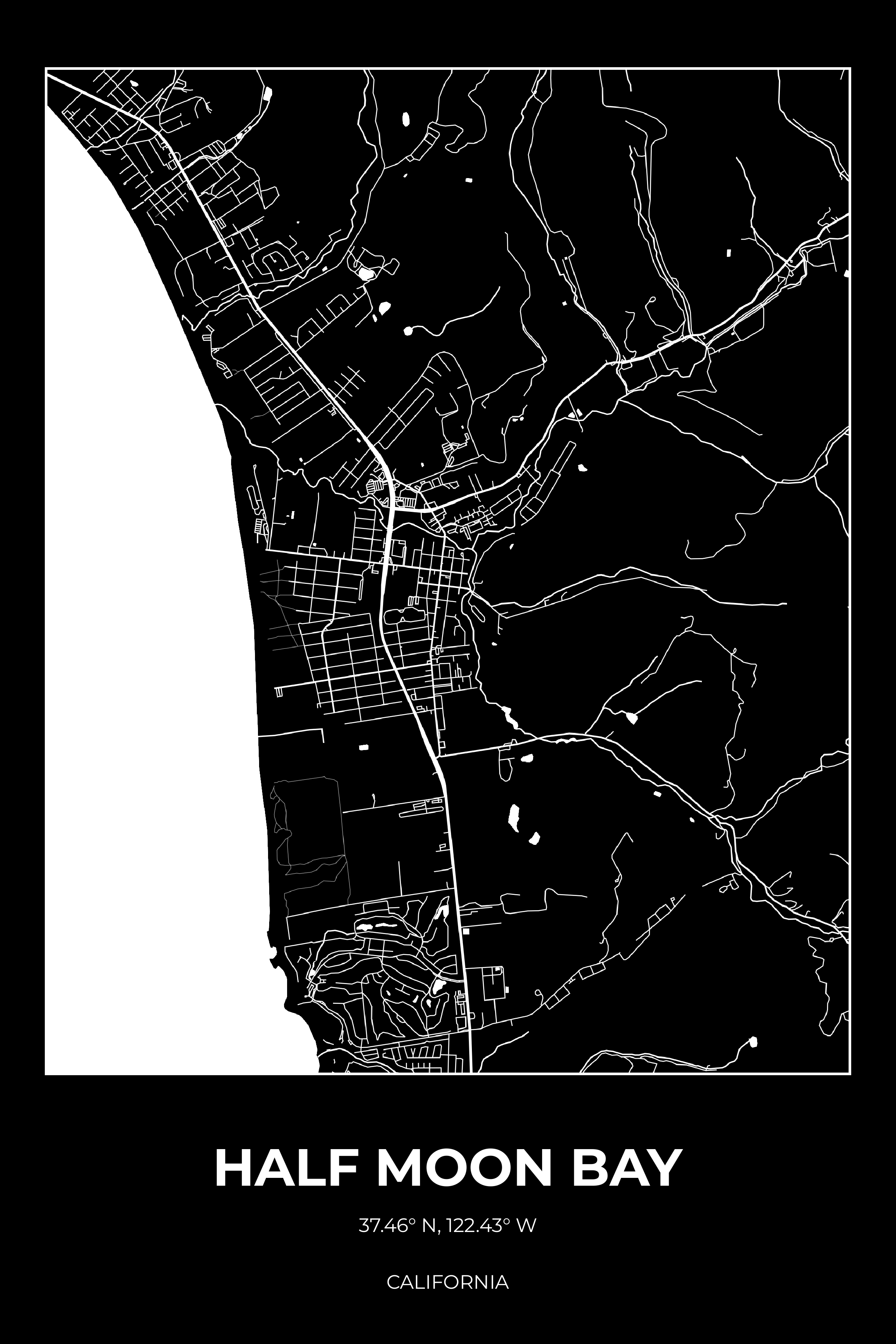 Half Moon Bay, California Inverse street map poster