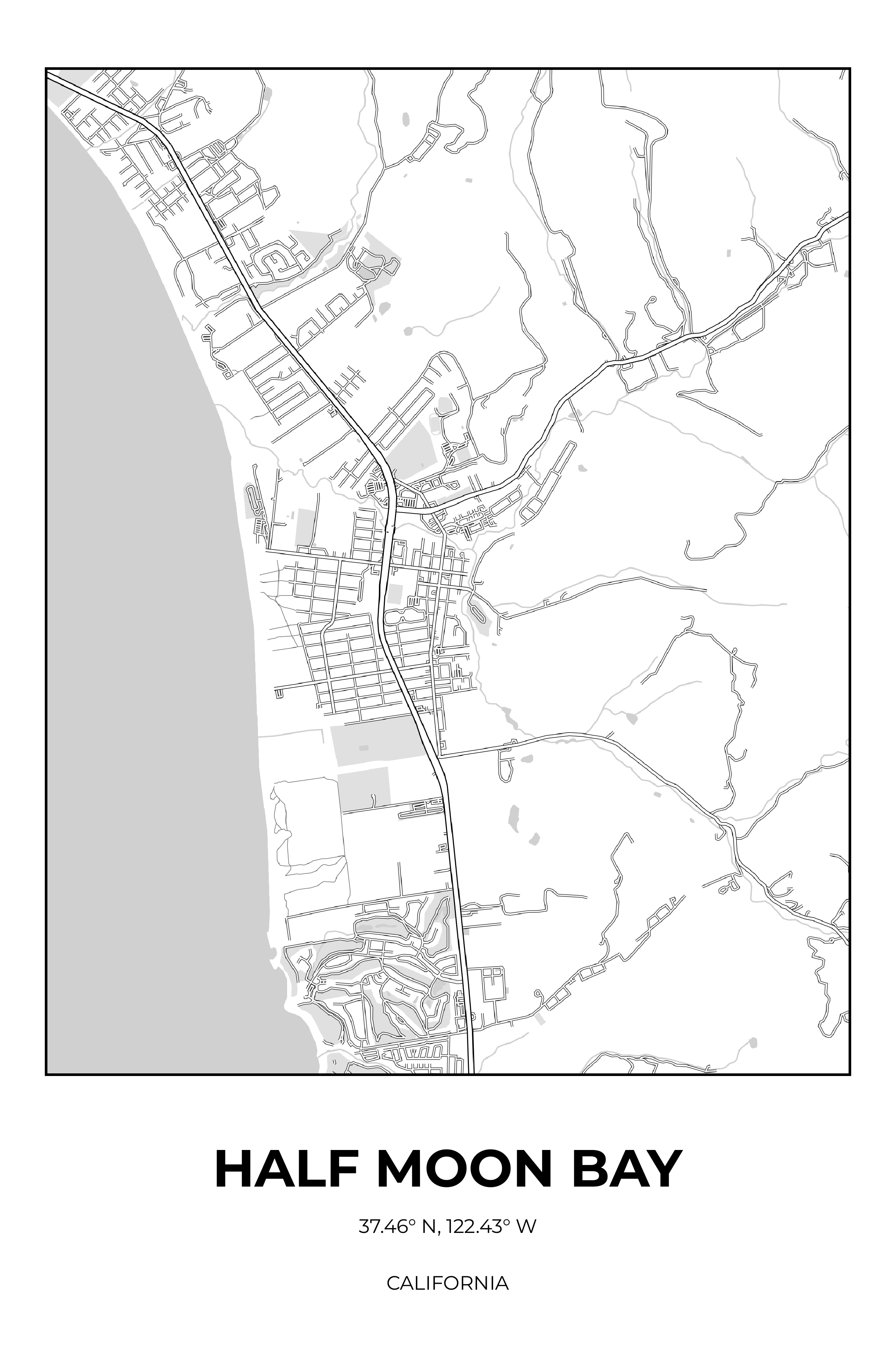 Half Moon Bay, California Monochrome street map poster
