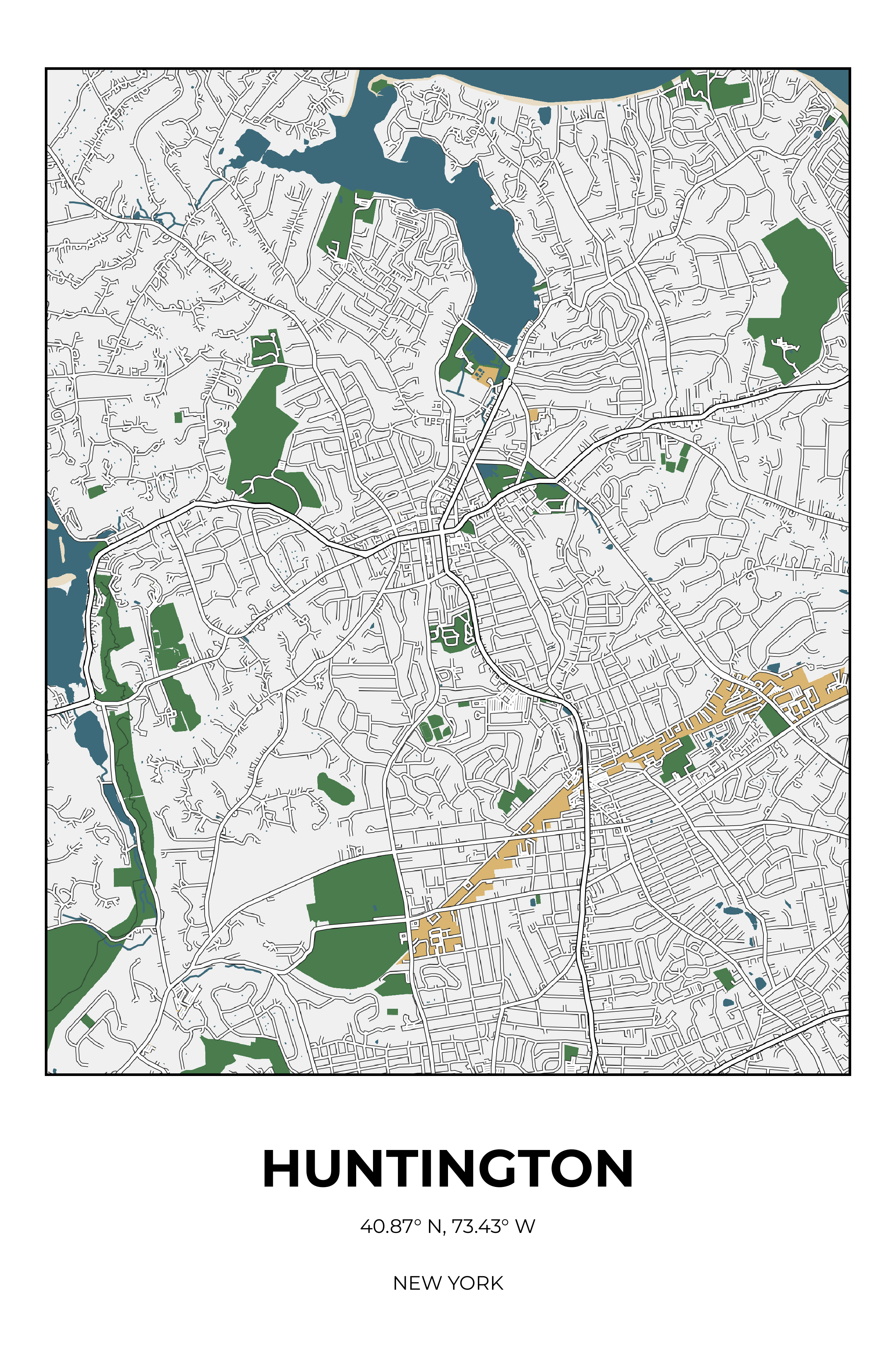 Huntington, New York Detailed street map poster