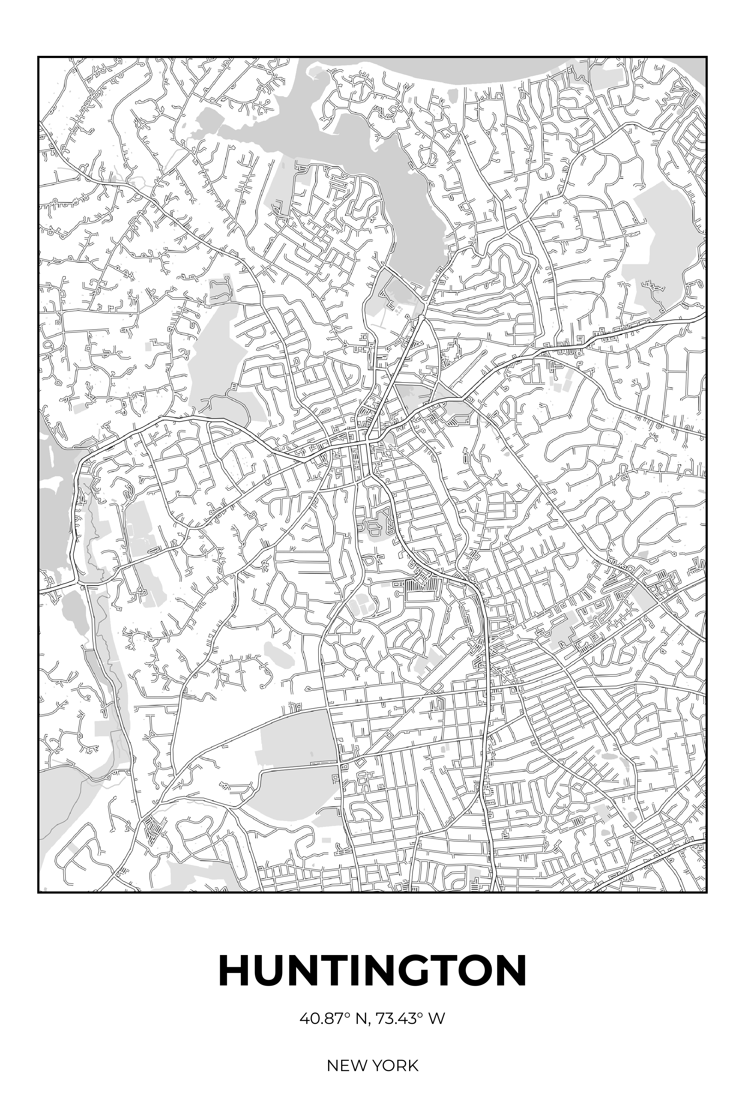 Huntington, New York Monochrome street map poster