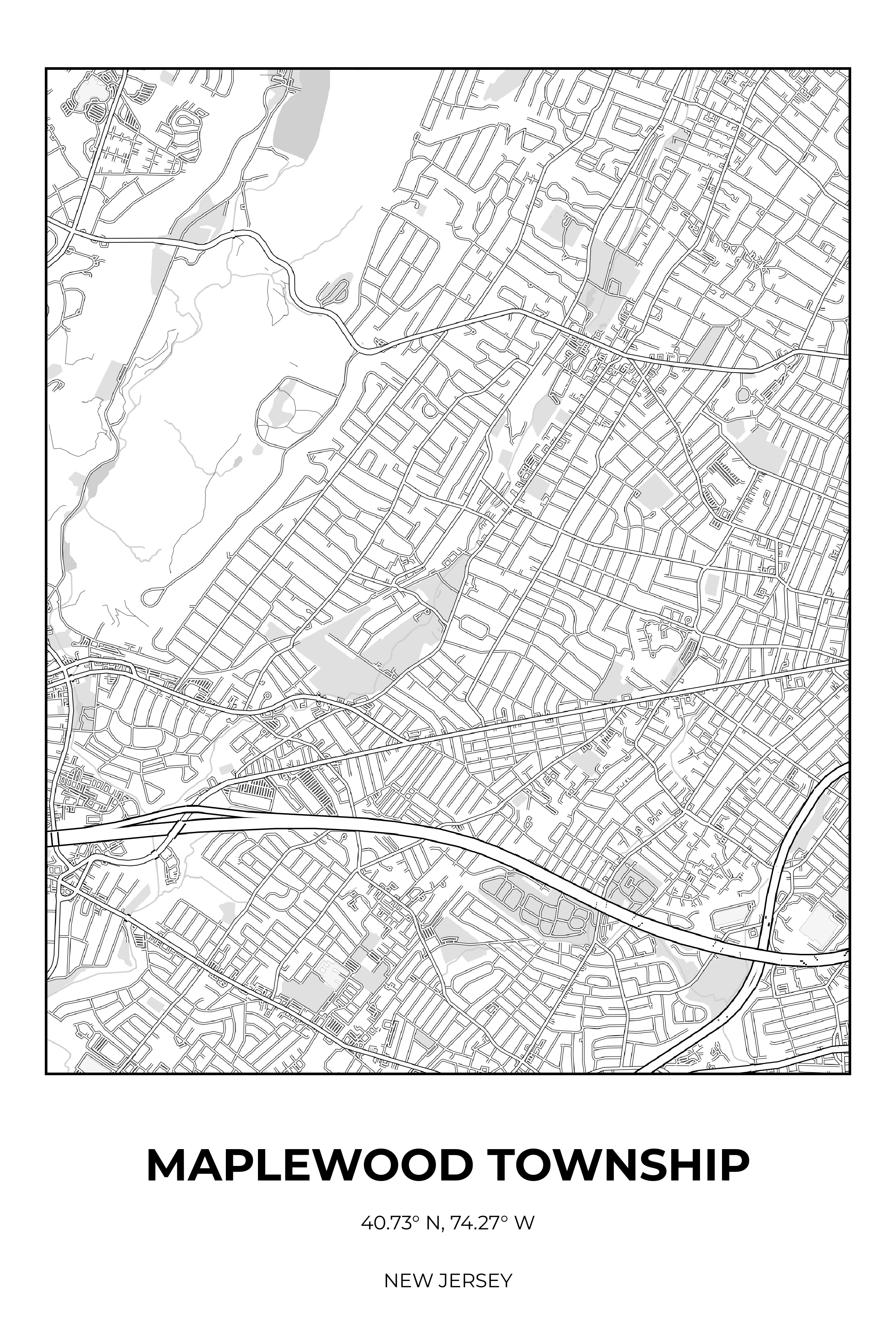 Maplewood Township, New Jersey Monochrome street map poster
