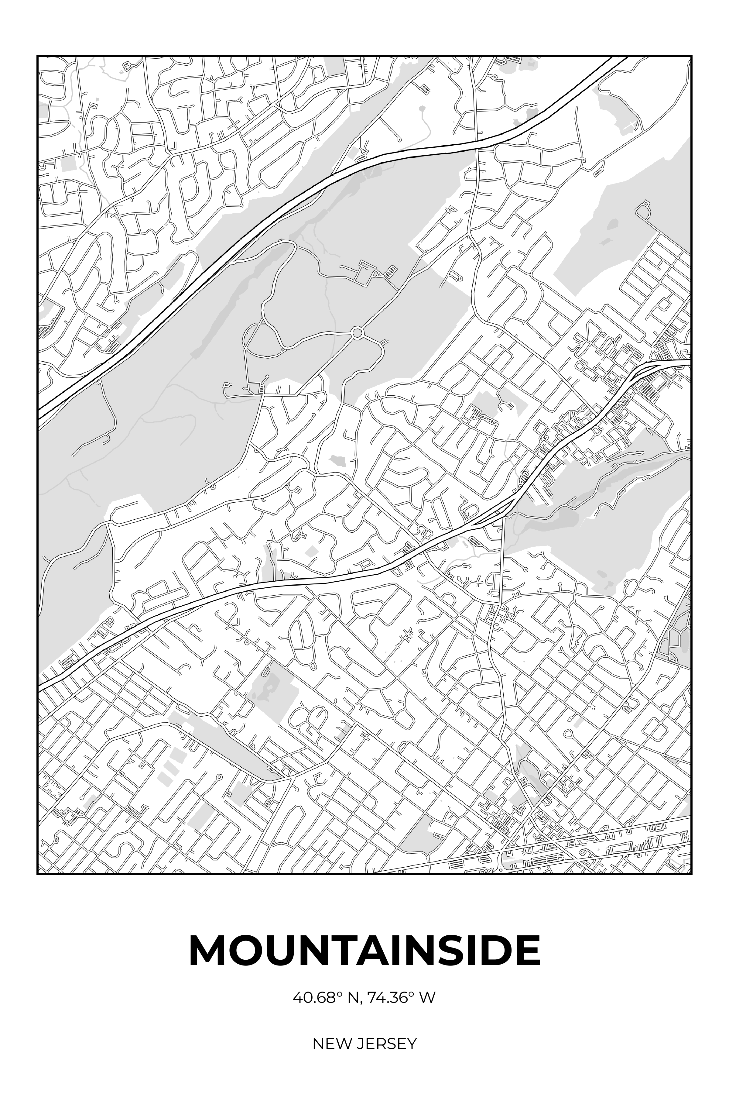 Mountainside, New Jersey Monochrome street map poster