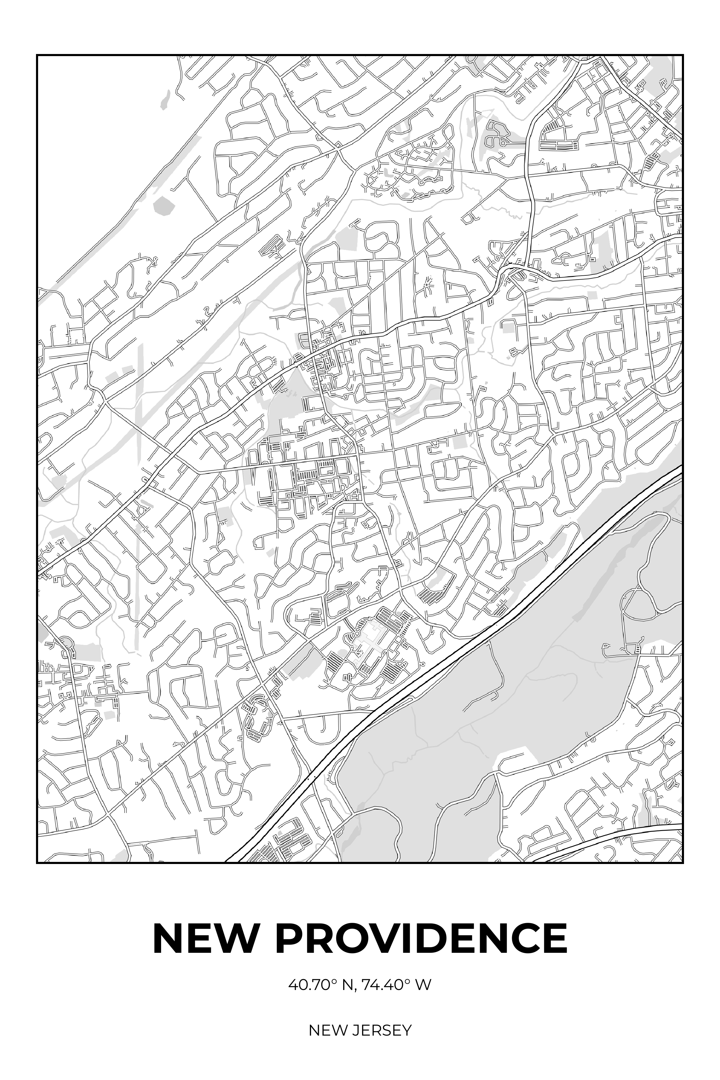 New Providence, New Jersey Monochrome street map poster