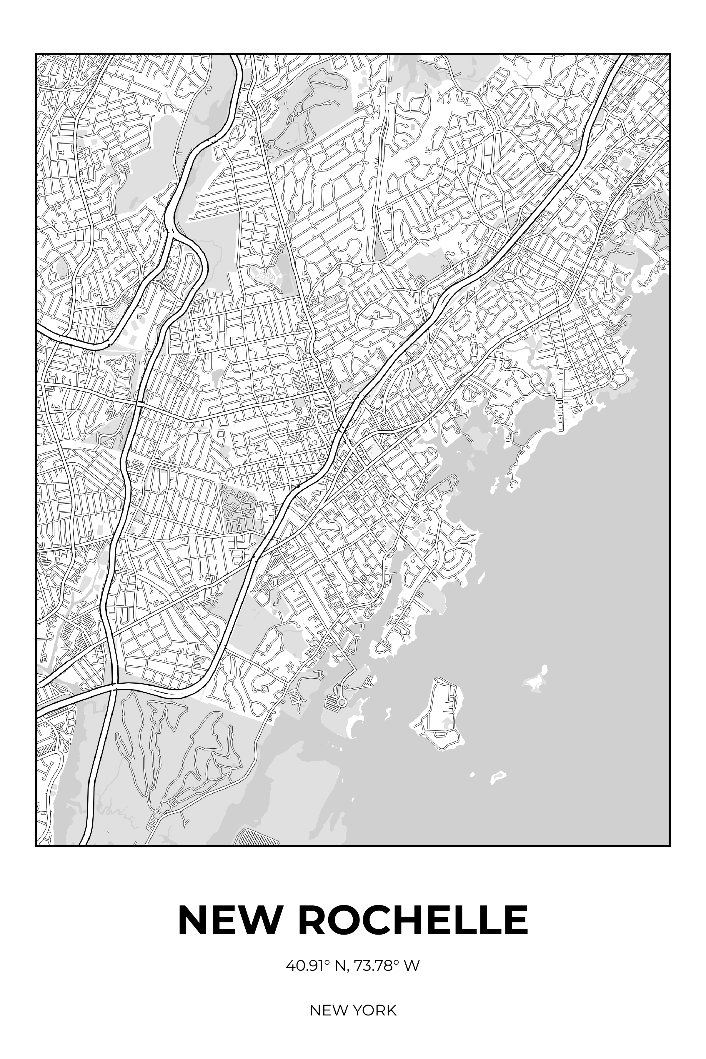 New Rochelle, New York Monochrome street map poster