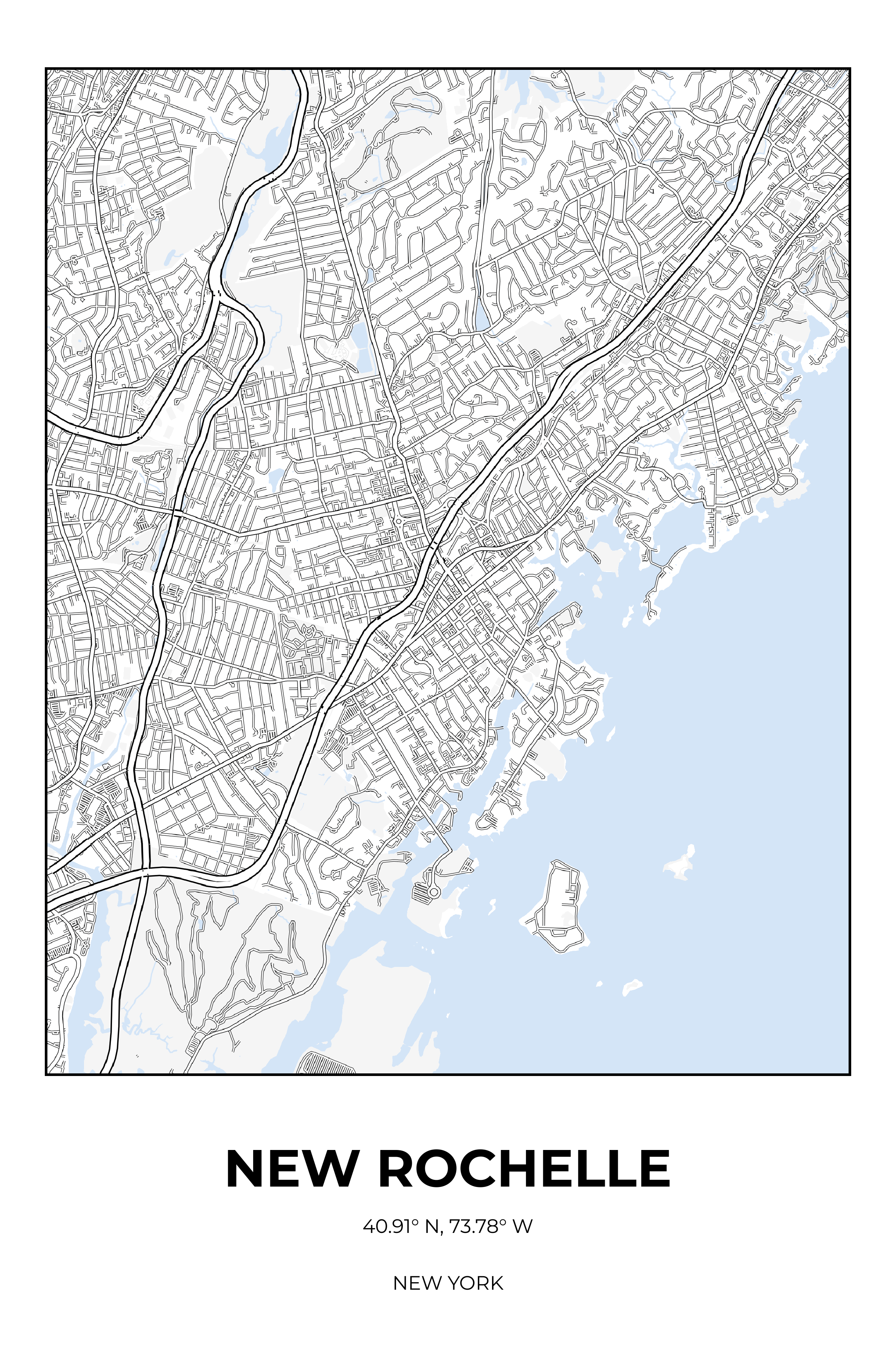 New Rochelle, New York Winter street map poster