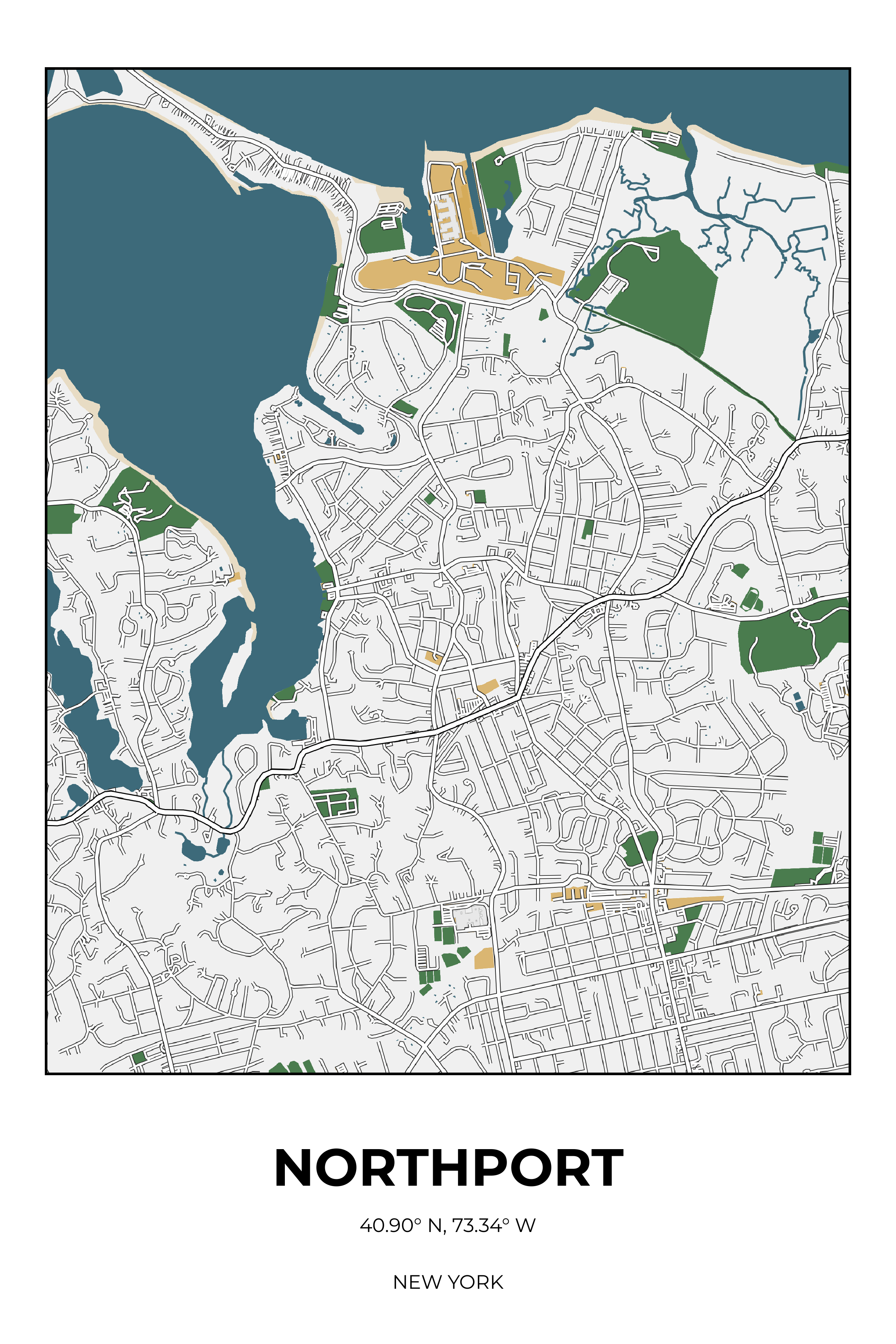 Northport, New York Detailed street map poster