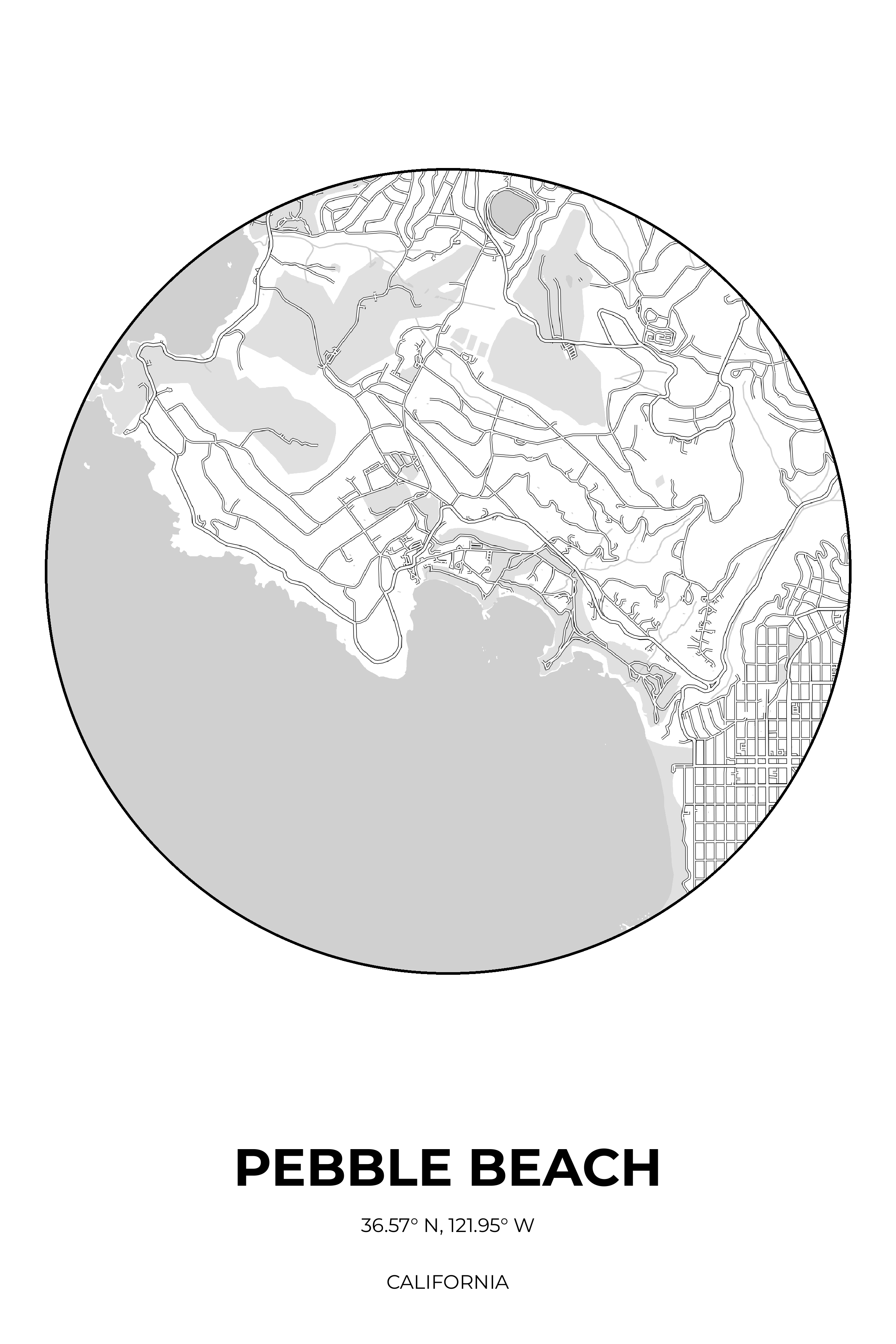Pebble Beach, California Monochrome circle map