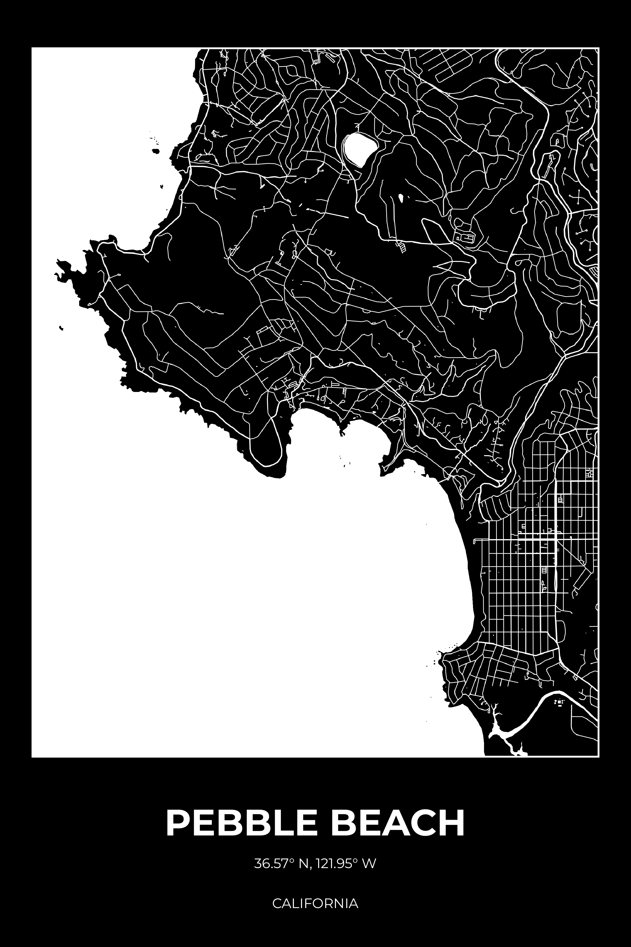 Pebble Beach, California Inverse street map poster