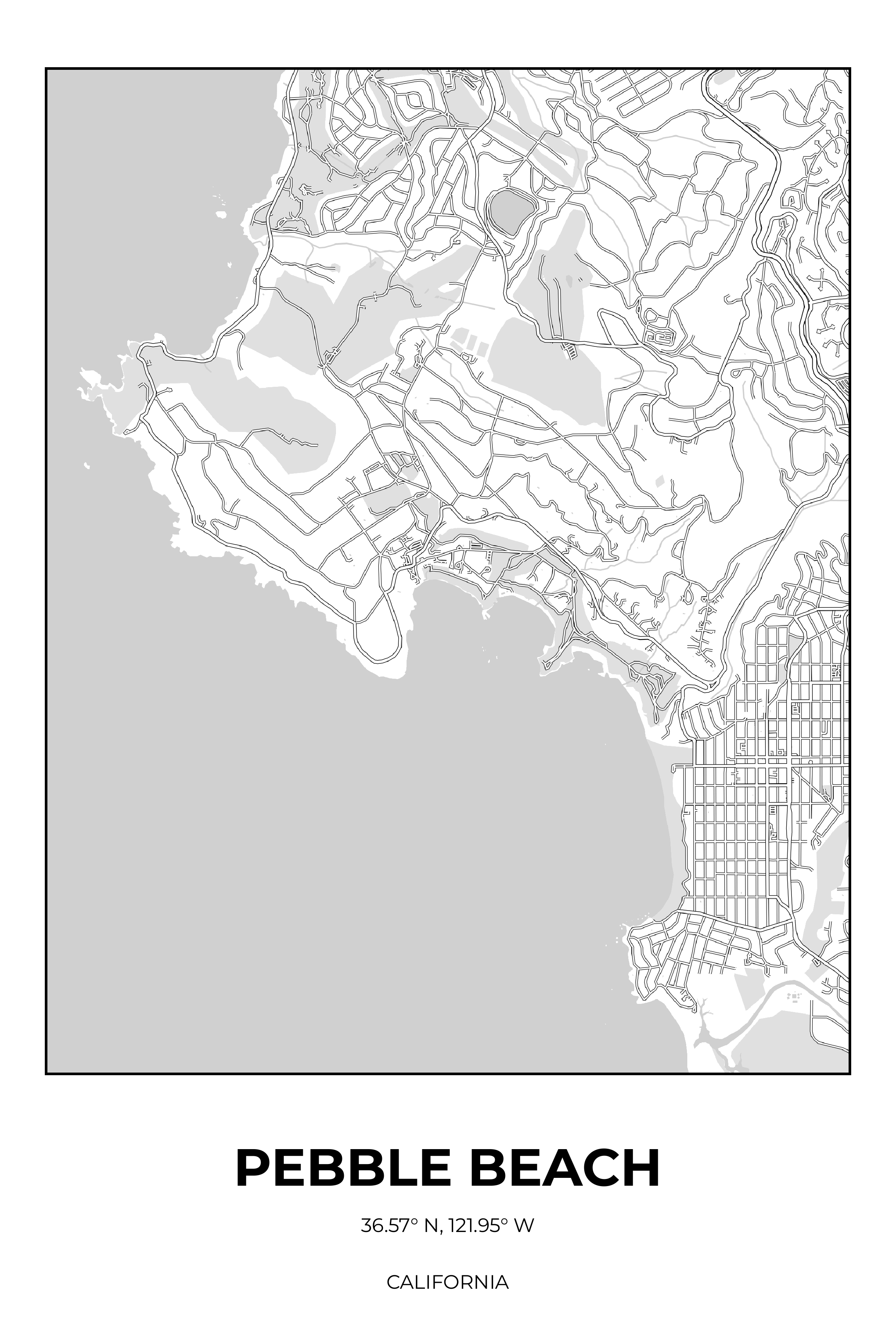Pebble Beach, California Monochrome street map poster
