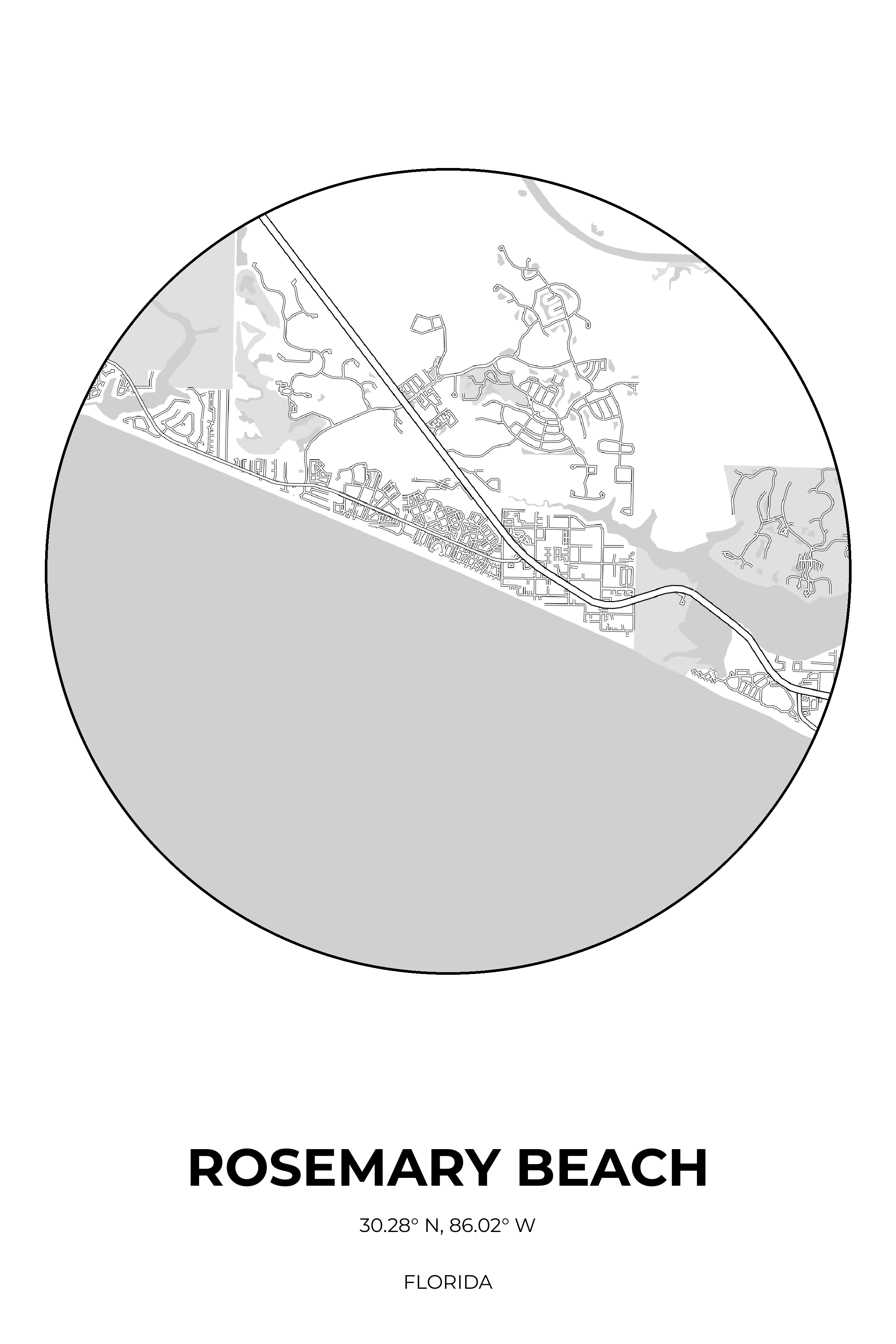 Rosemary Beach Florida Monochrome Circle Map