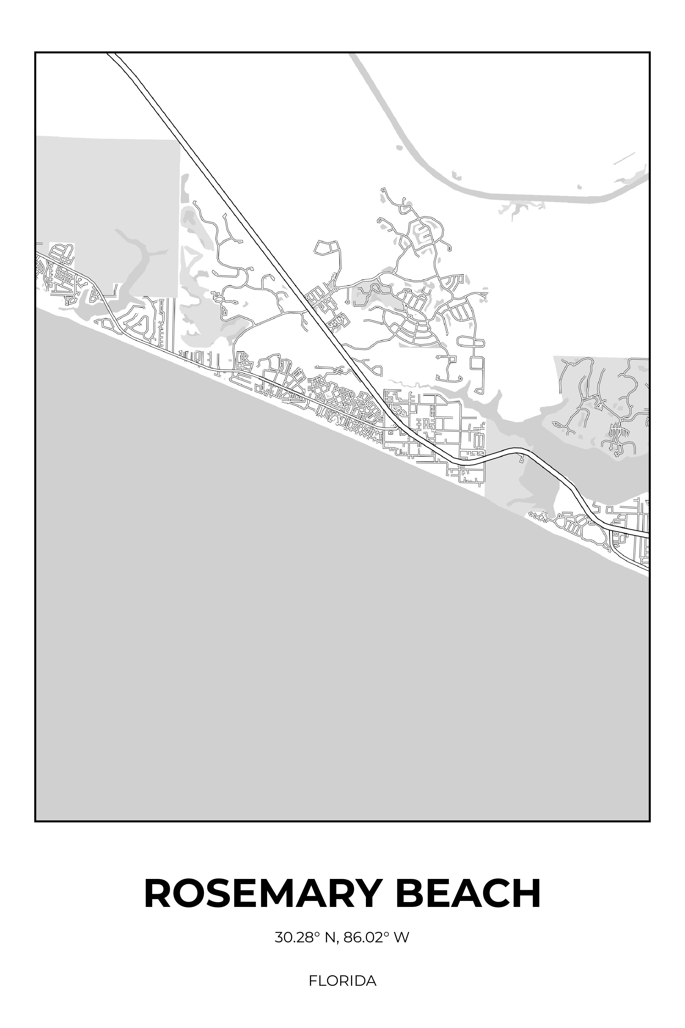 Rosemary Beach Florida Monochrome Rectangle Map
