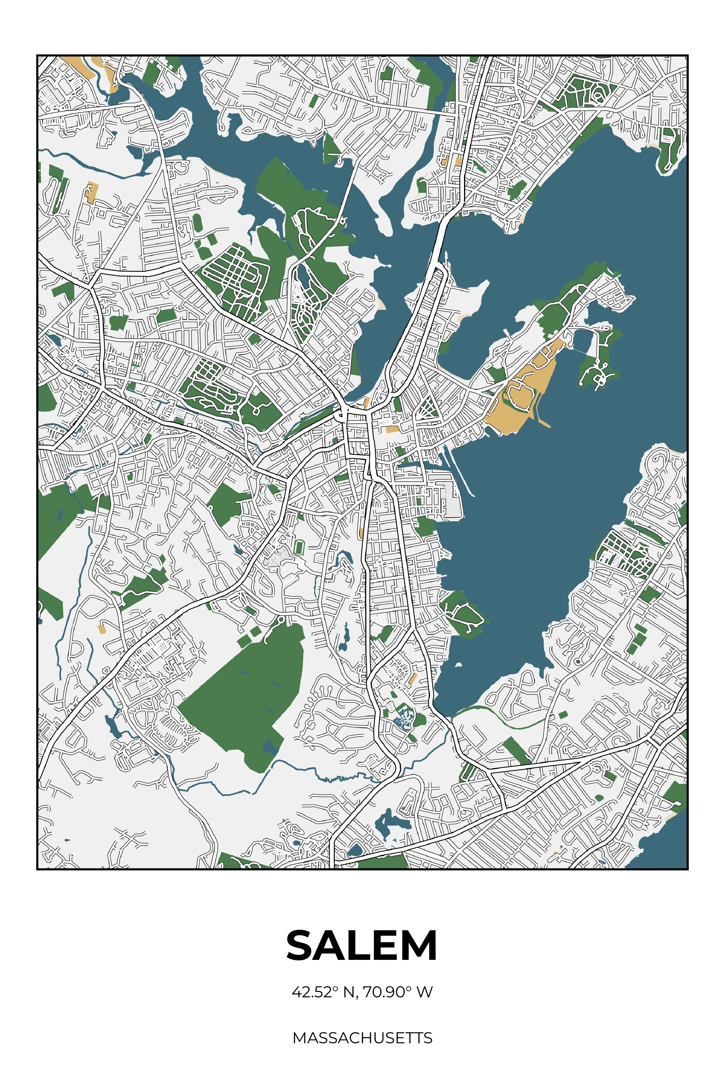 Salem, Massachusetts Detailed street map poster