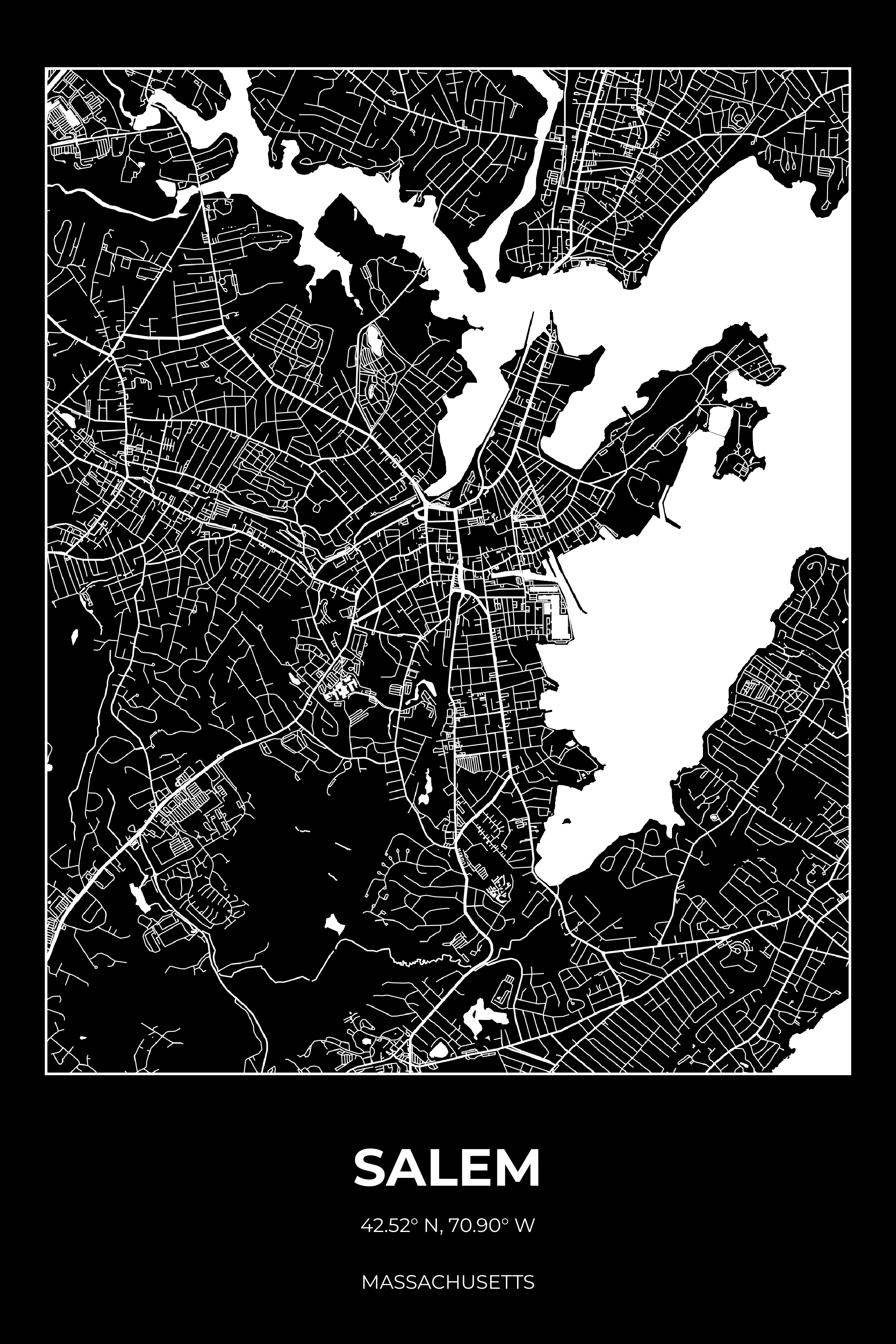 Salem, Massachusetts Inverse street map poster