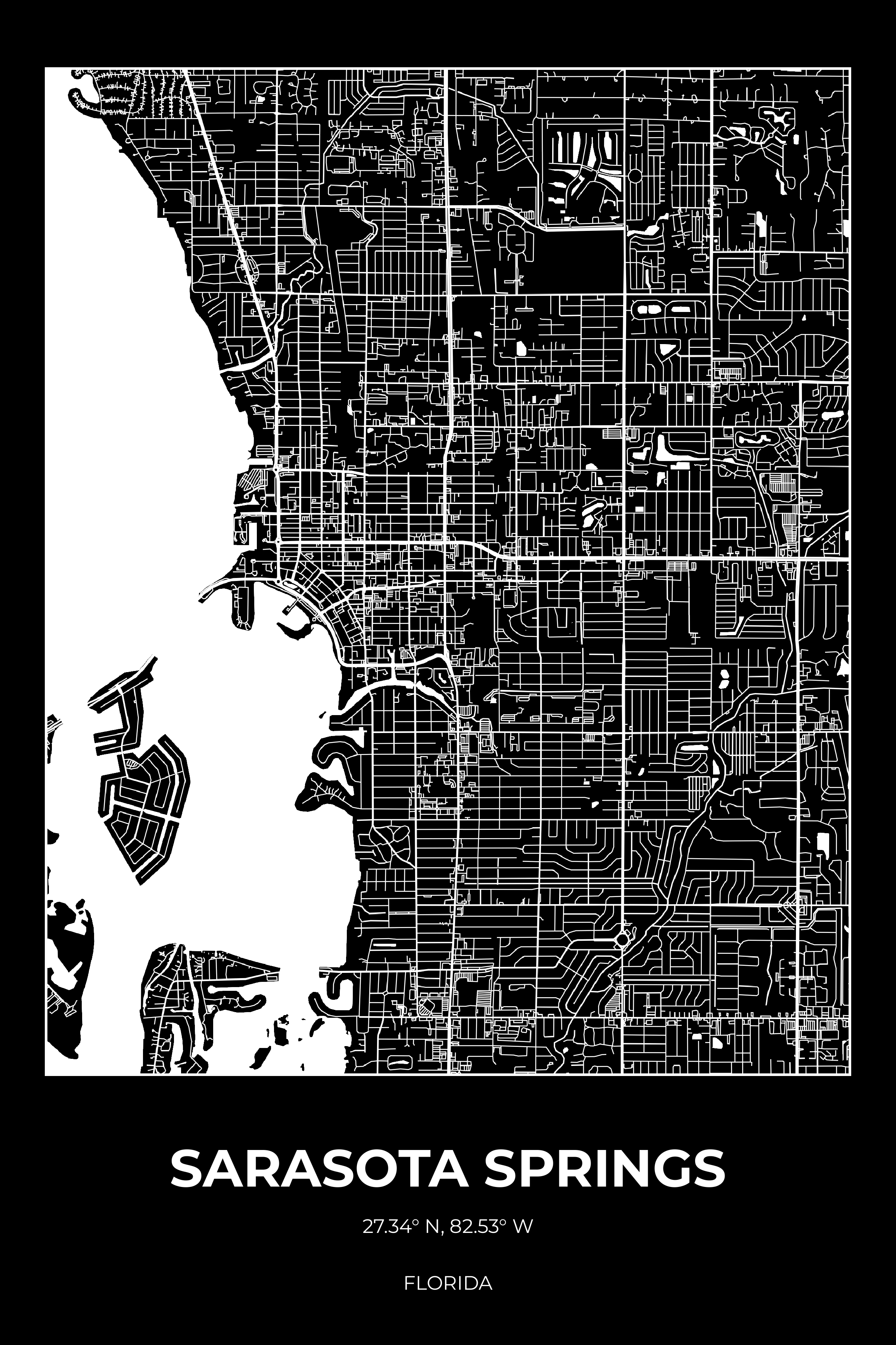 Sarasota Springs, Florida Inverse street map poster