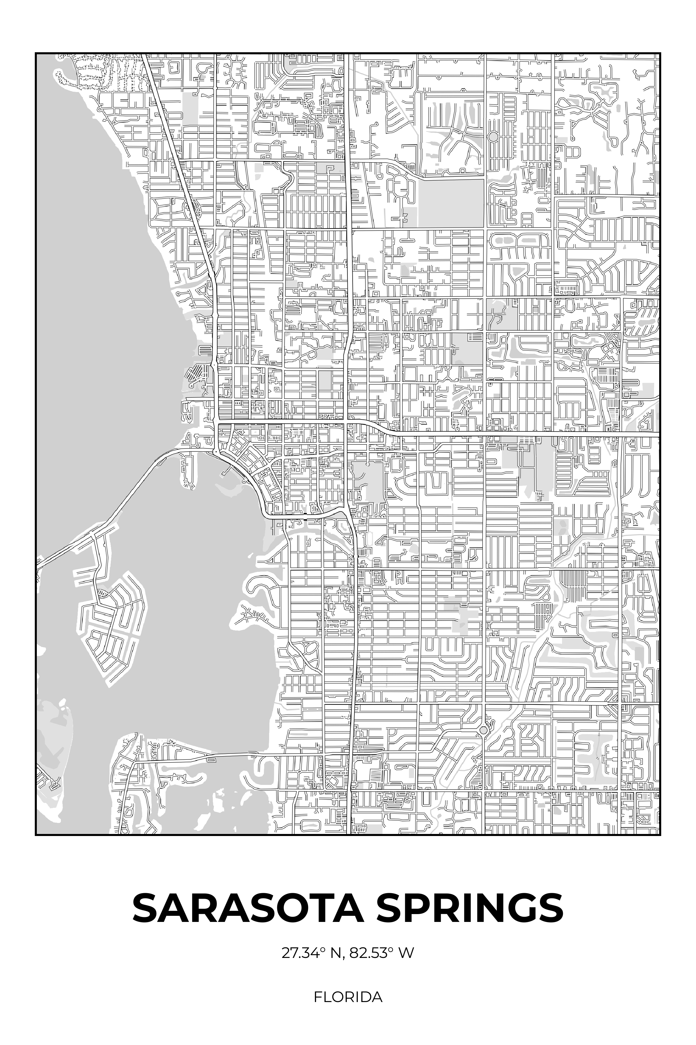 Sarasota Springs Florida Monochrome Rectangle Map