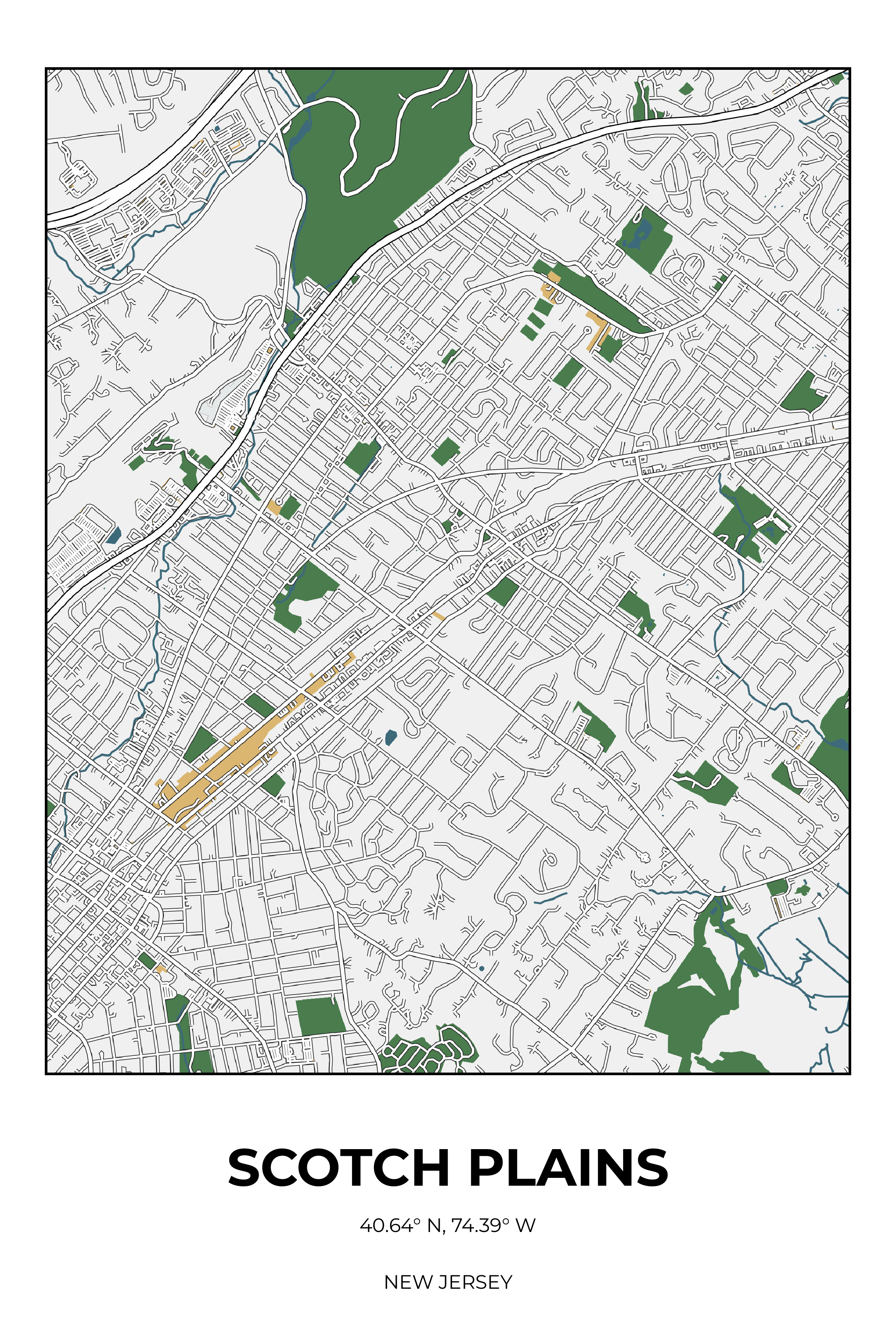 Scotch Plains, New Jersey Detailed street map poster