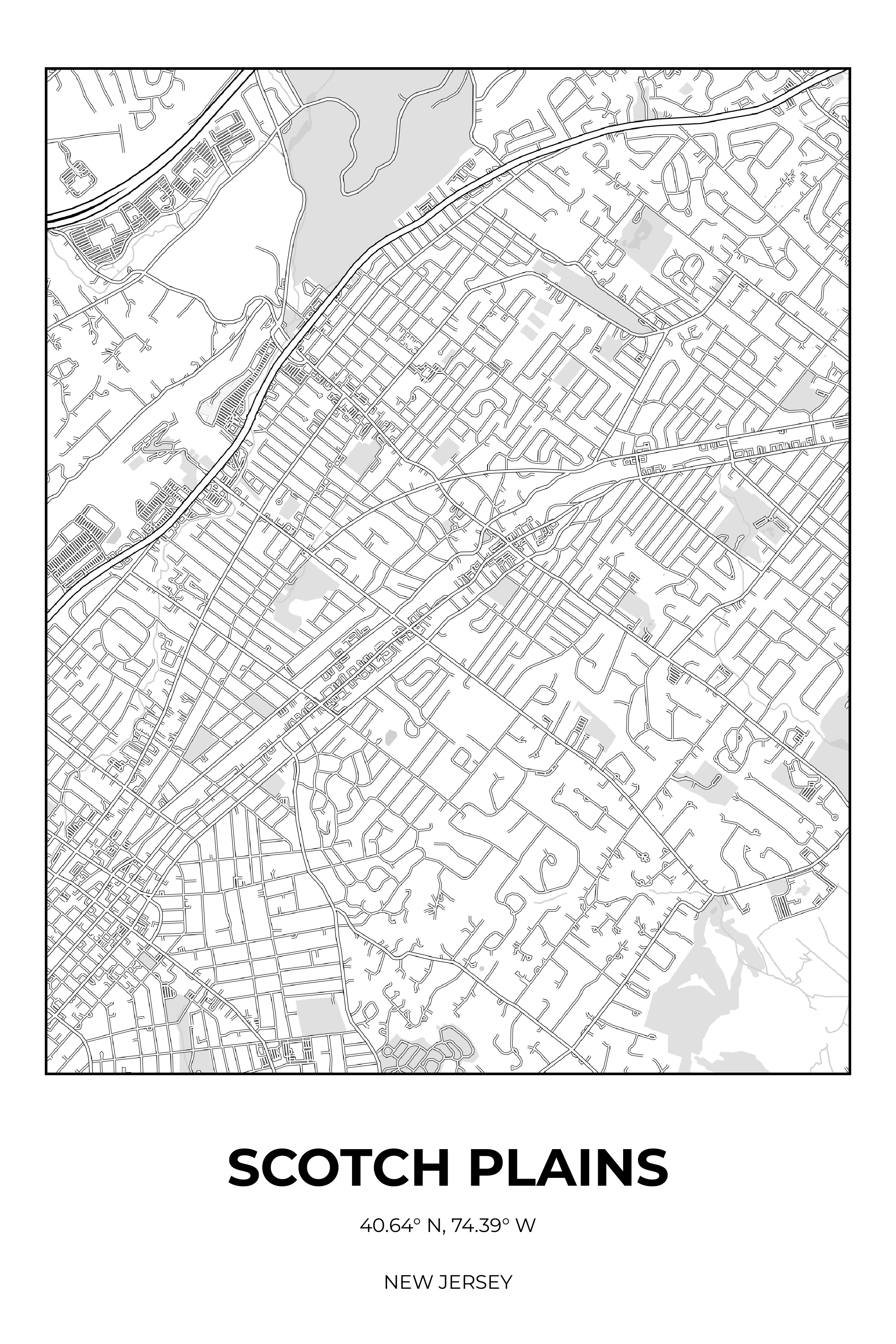 Scotch Plains, New Jersey Monochrome street map poster