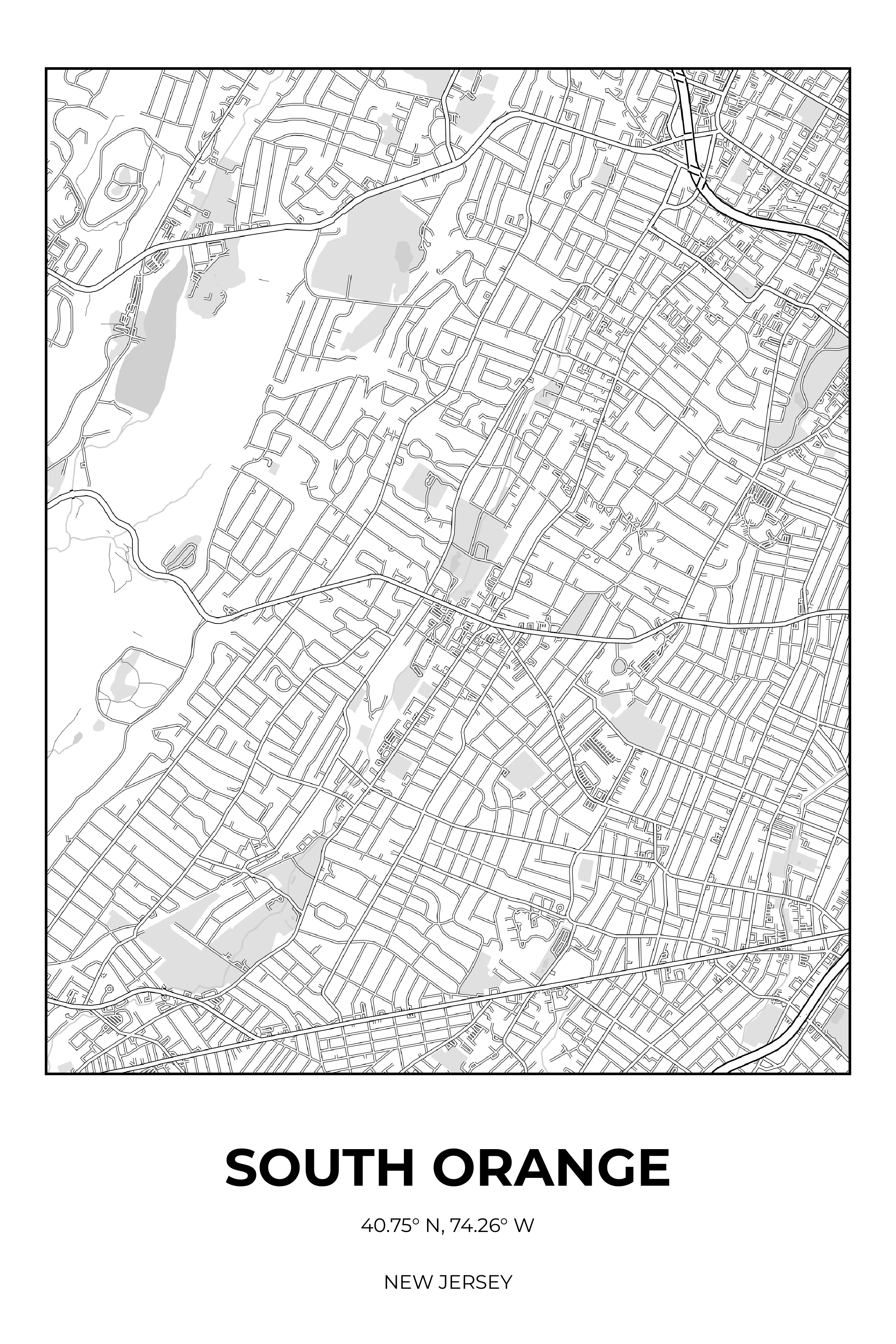 South Orange, New Jersey Monochrome street map poster
