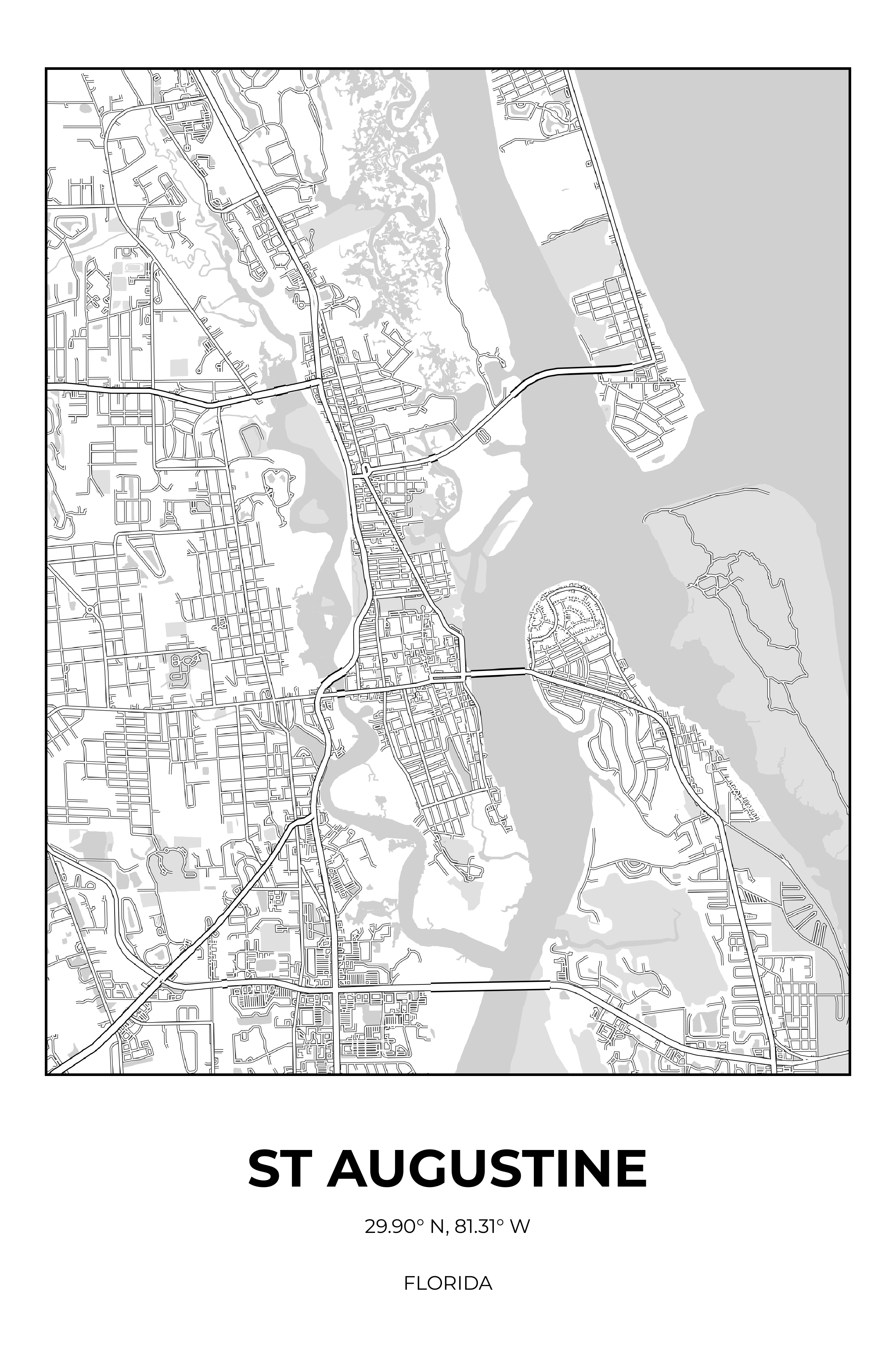 St Augustine, Florida Monochrome street map poster