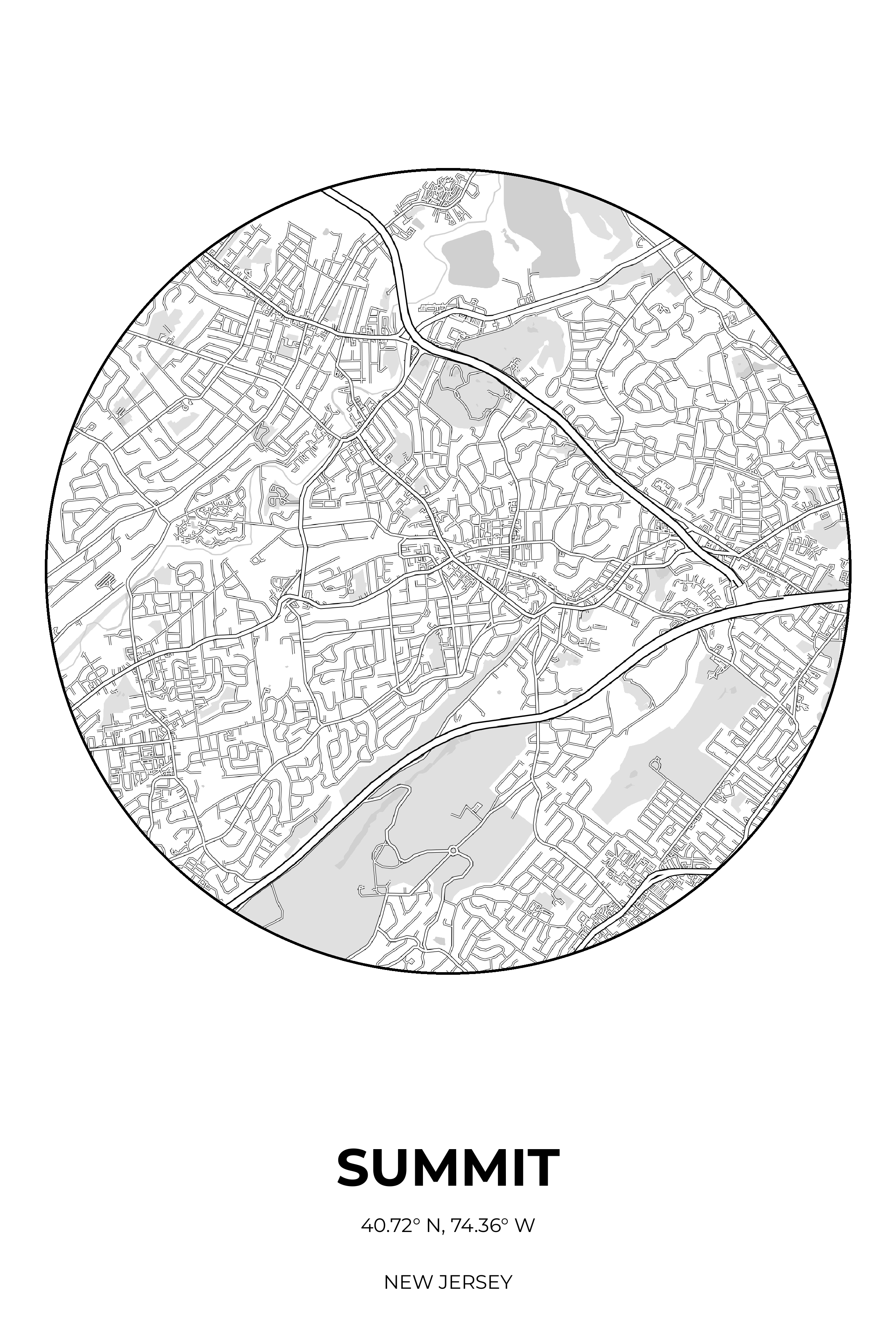 Summit, New Jersey Monochrome circle map