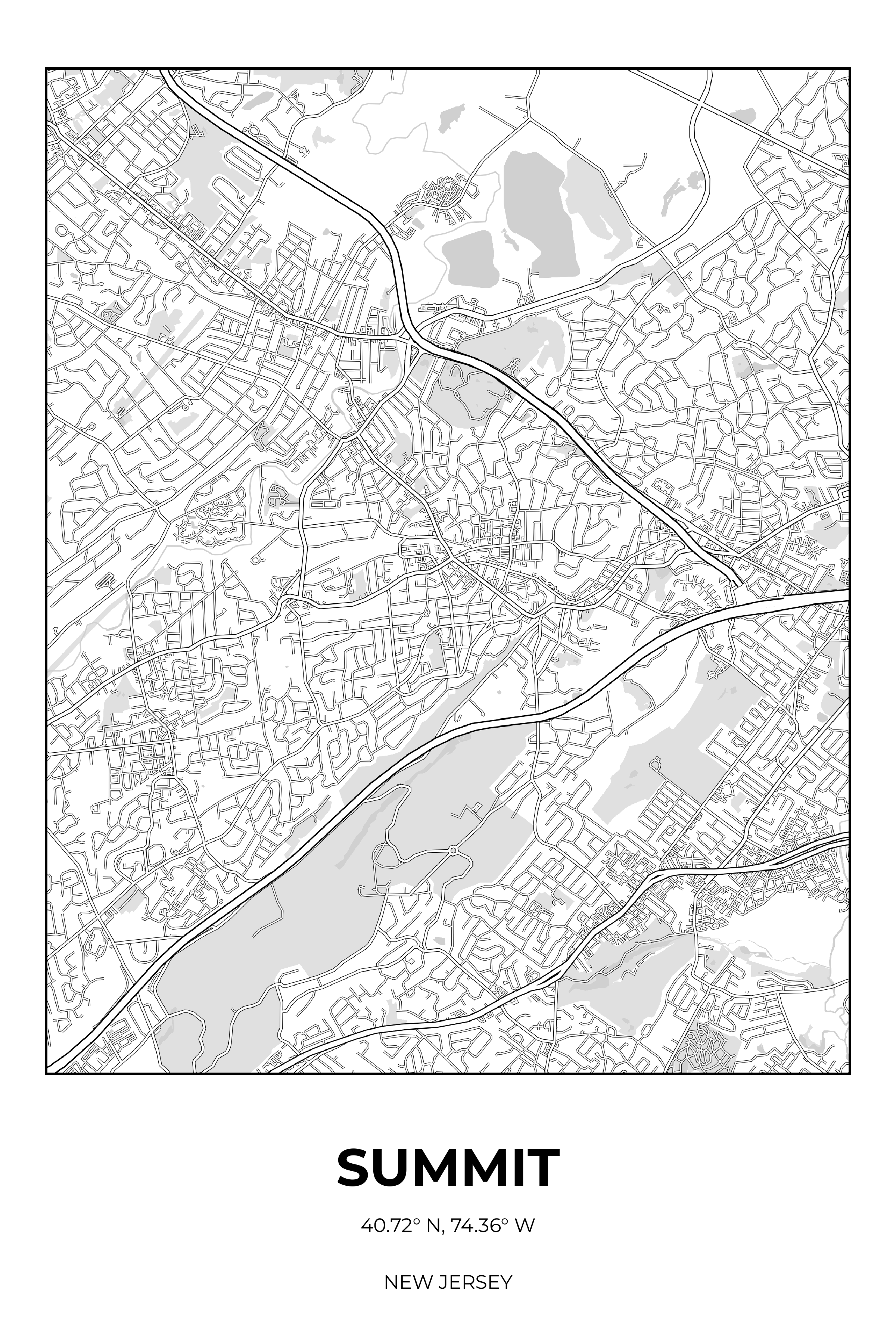 Summit, New Jersey Monochrome street map poster