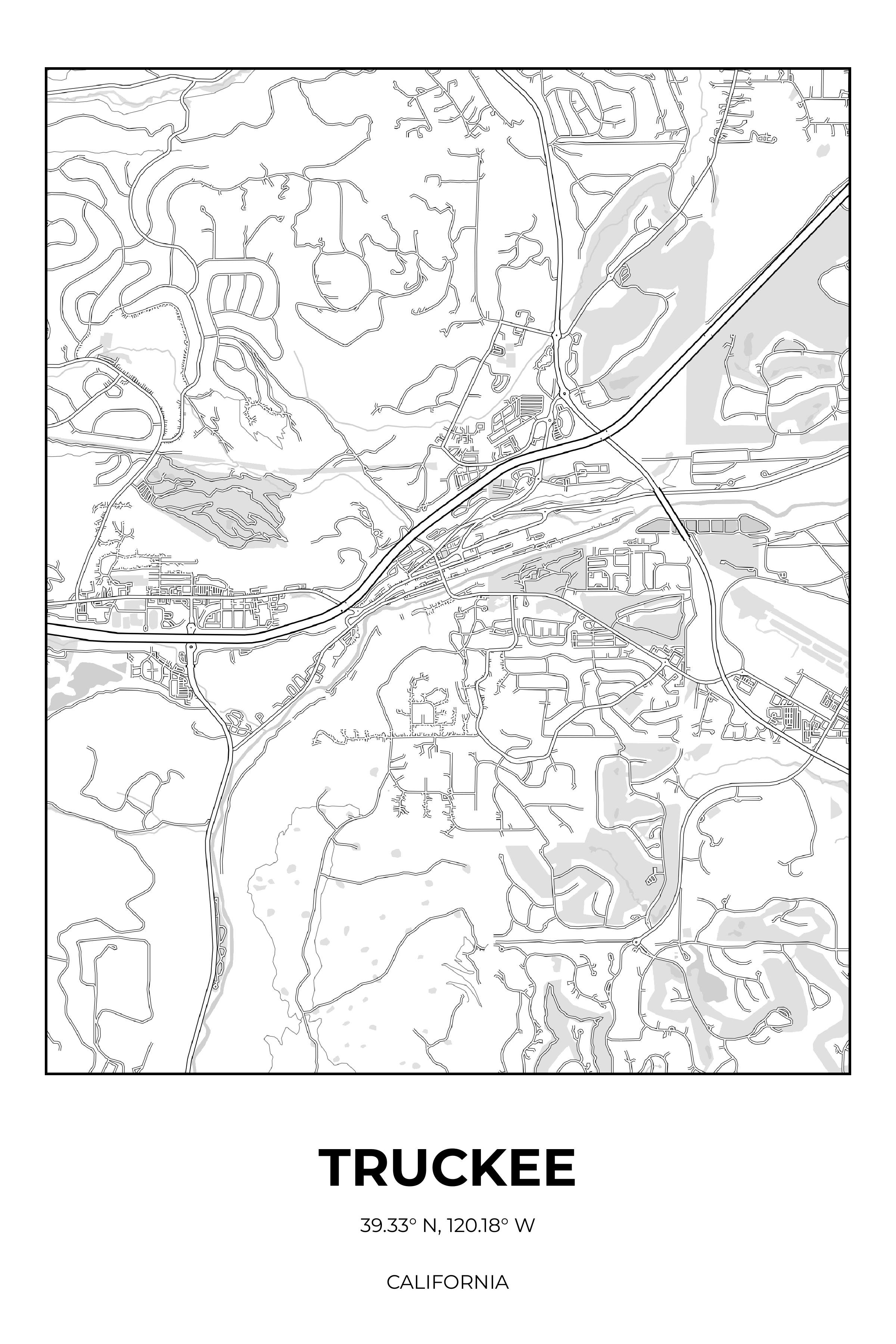 Truckee, California Monochrome street map poster