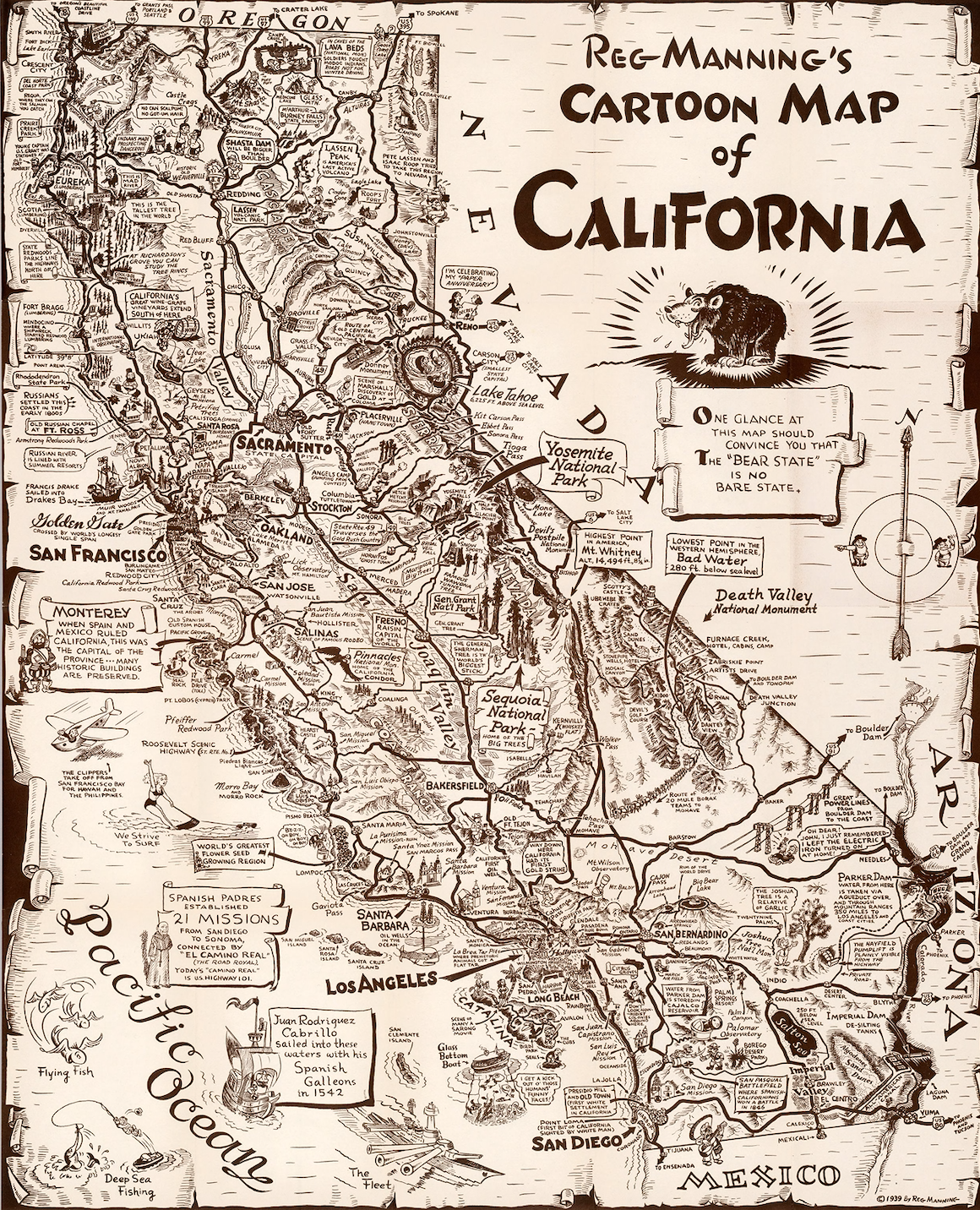 Vintage Reg Manning California Cartoon Map Poster
