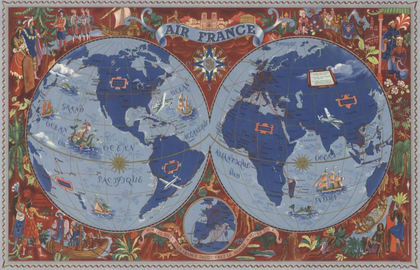 Vintage Air France World Map Poster